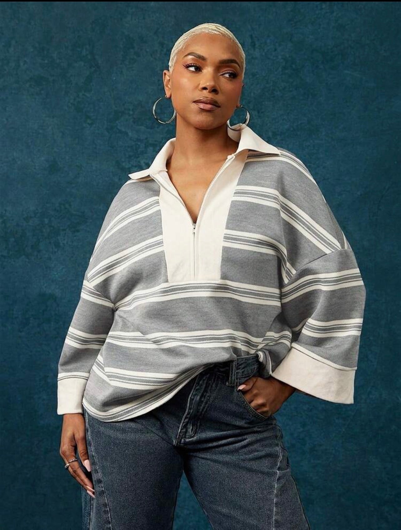 Women’s Striped Half Zip Quarter Sleeve Collared Oversized Top – Casual Everyday Wear