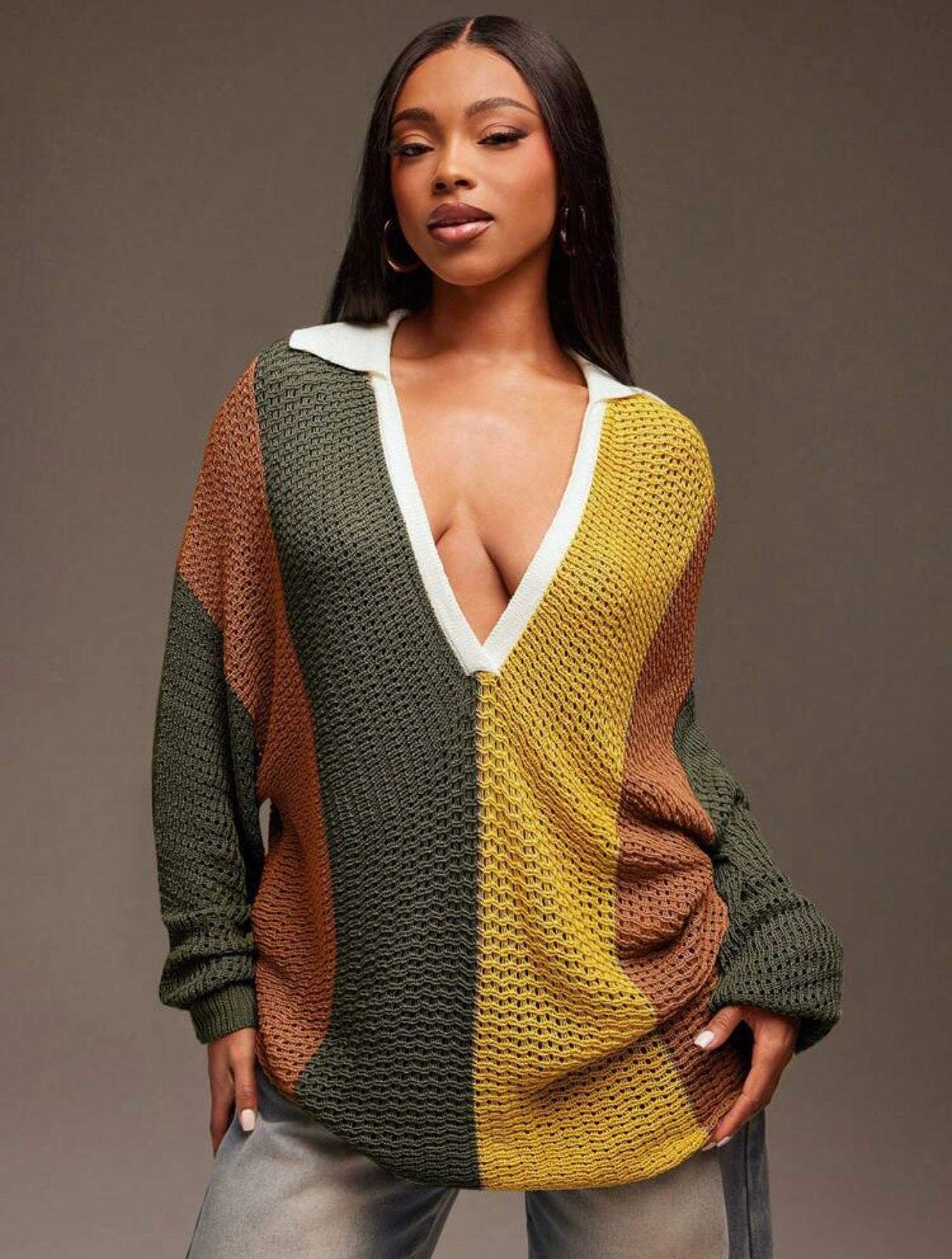 Women’s Collared Oversized Striped Knit Long Sleeve Top – Casual Streetwear