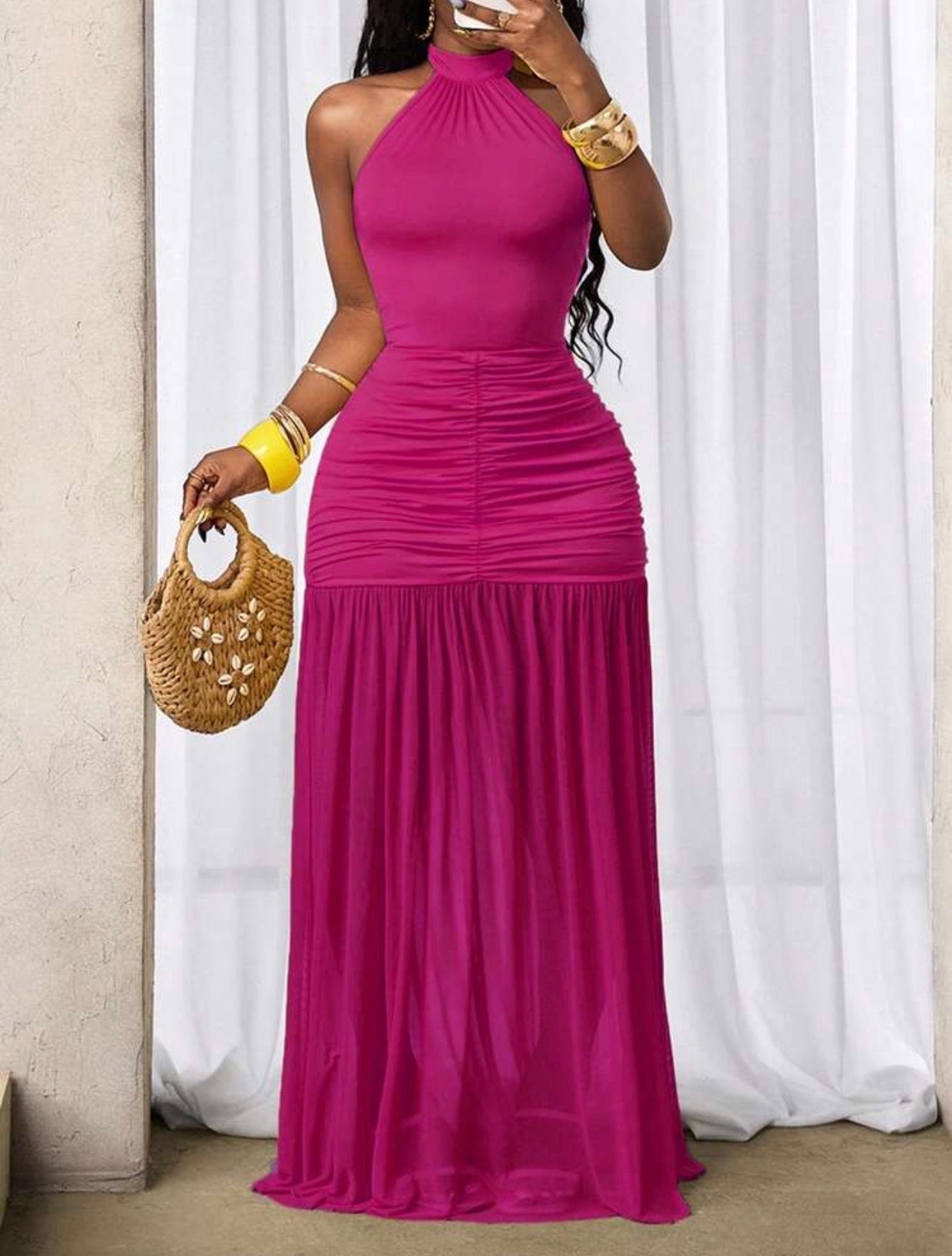 Women’s Pleated Halter Neck Tie Elegant Dress