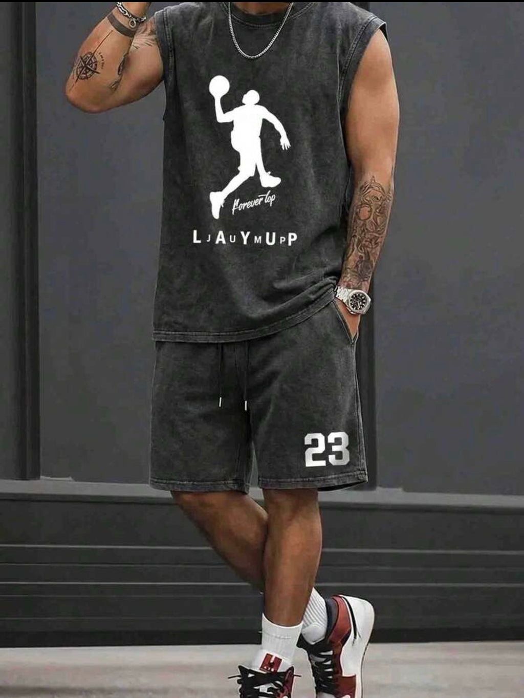 Men’s Vintage Washed Letter Print Tank Top & Shorts Two-Piece Set – Sport Casual Outfit