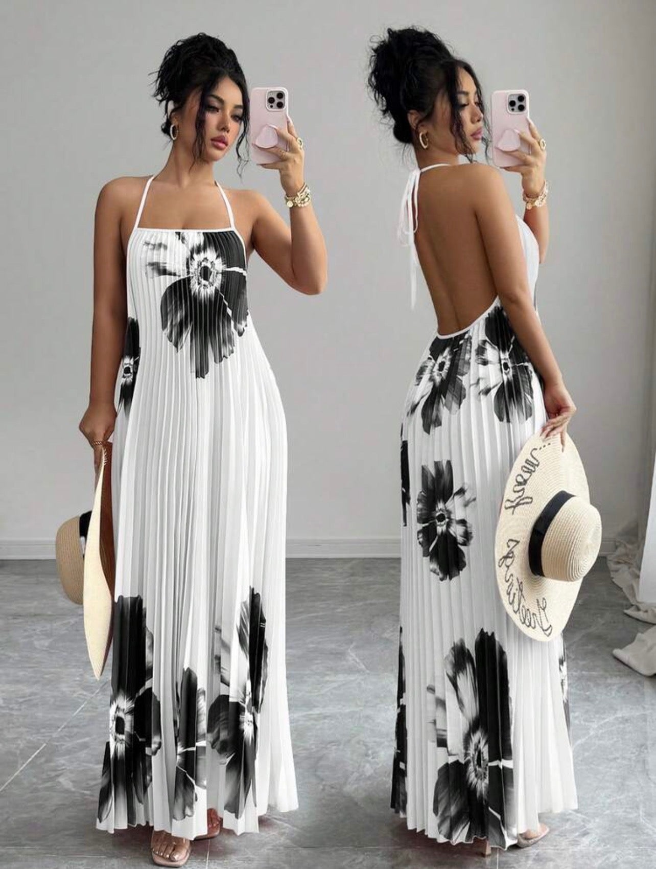 Women’s Loose Fit Pleated Printed Maxi Dress – Elegant Casual Vacation Style