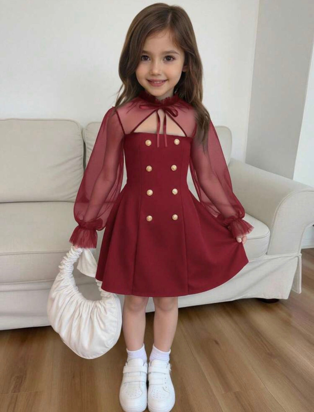 Girls Bow Detail Black A-Line Dress with Mesh Flare Sleeves & Turtleneck Design