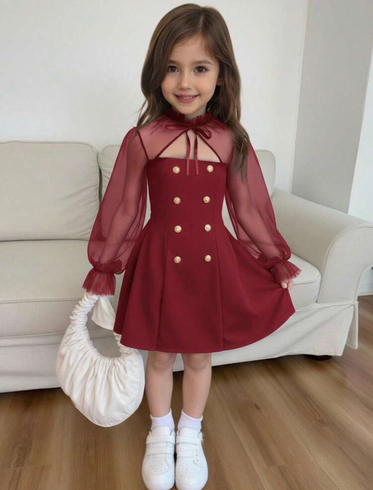 Girls Bow Detail Black A-Line Dress with Mesh Flare Sleeves & Turtleneck Design