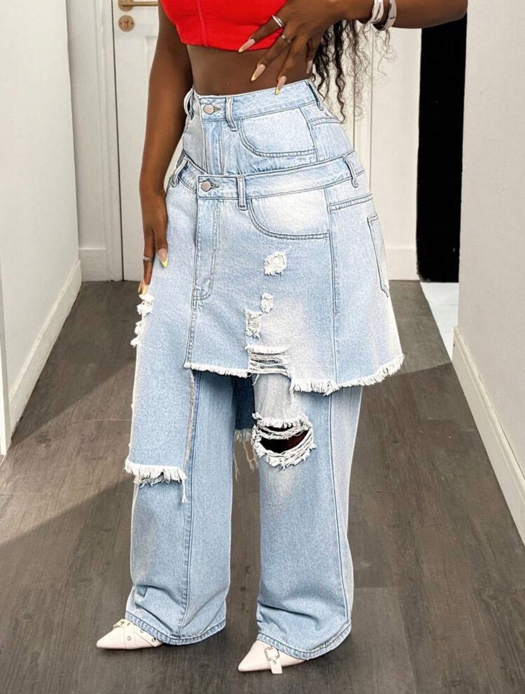 Women’s Loose Fit Ripped Pocket Denim Pants – Casual Long Jeans