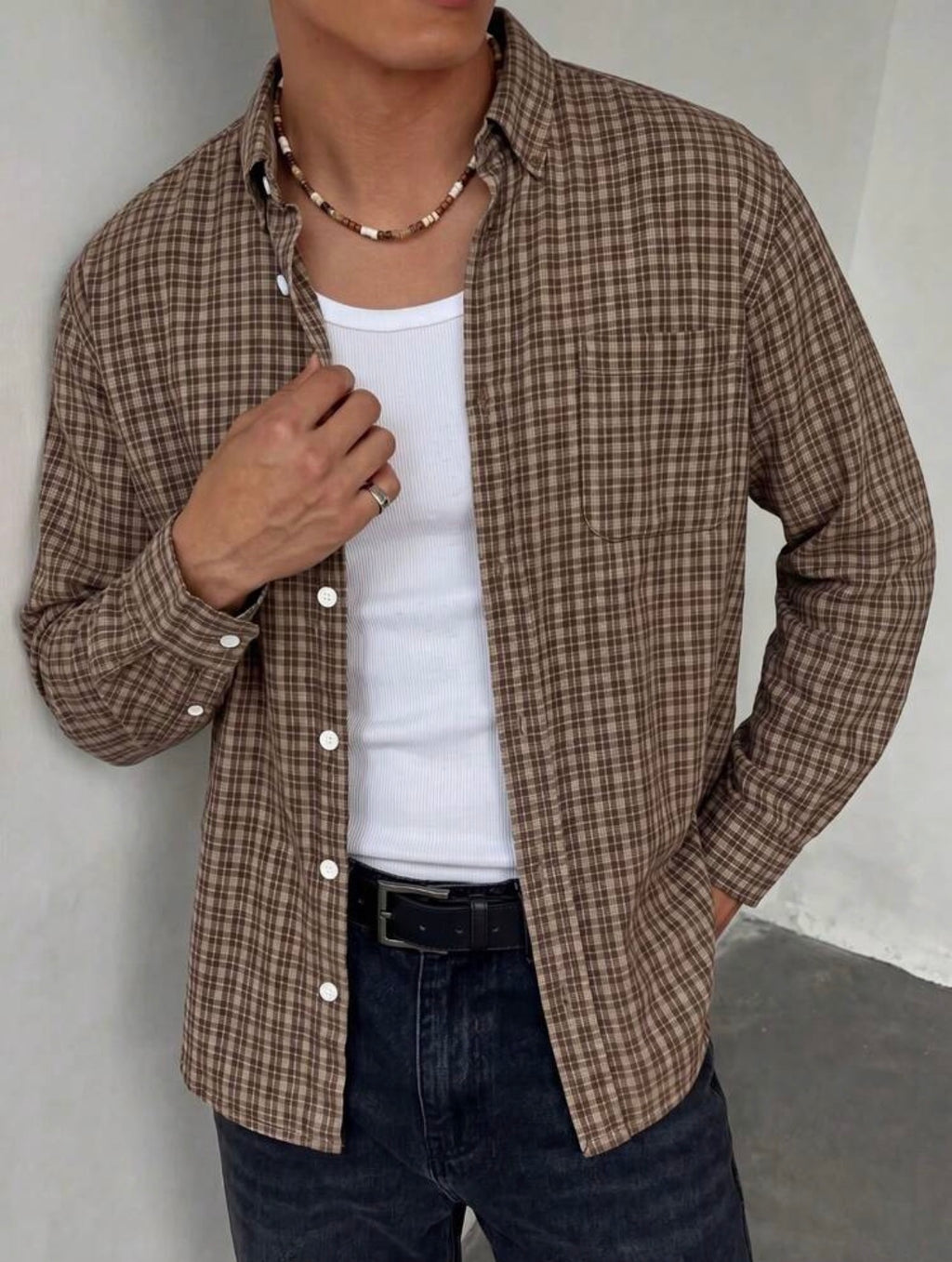 Men’s Contrast Plaid Button-Up Shirt – Vintage Casual Loose Fit Top