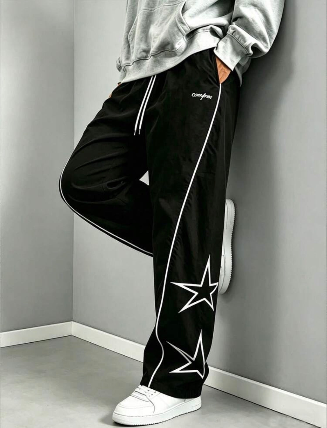 Men’s Straight-Leg Loose Fit Sweatpants with Star & Letter Print – Casual Streetwear Style for Fall