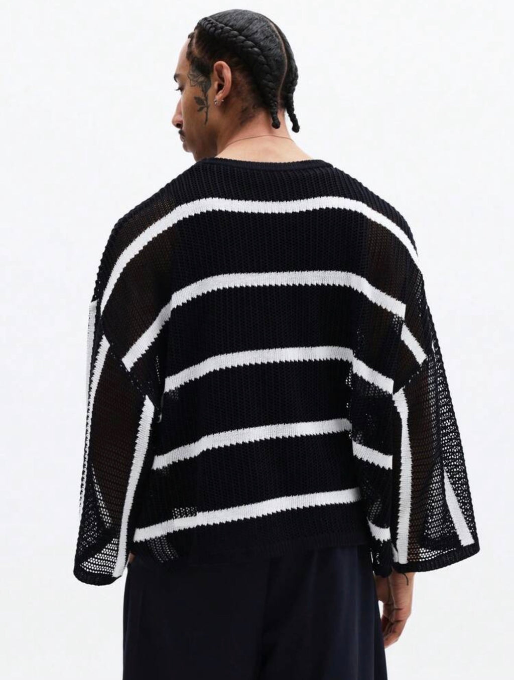 Men’s Horizontal Striped Mesh Knit Sweater – Long Sleeve Crew Neck Pullover