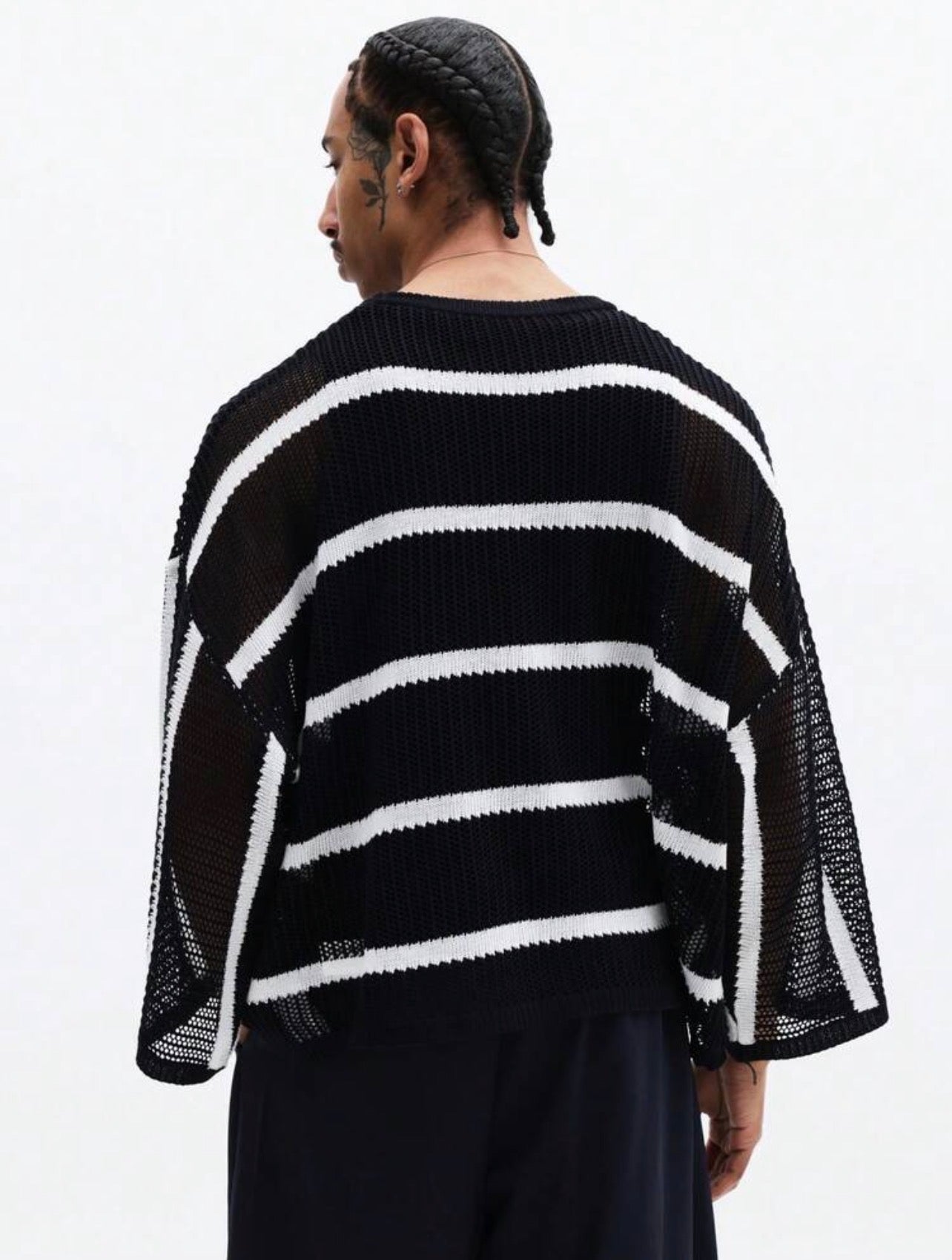 Men’s Horizontal Striped Mesh Knit Sweater – Long Sleeve Crew Neck Pullover