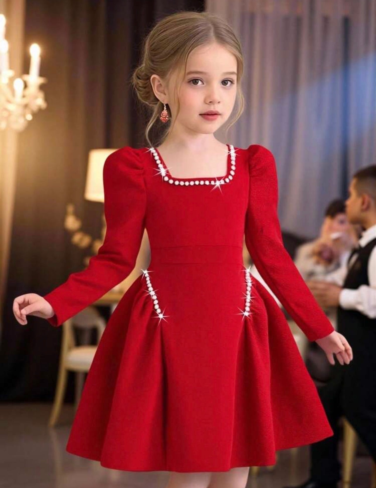 Girls Red Textured Knit Puff Sleeve Dress with Beaded Ruffle Hem
