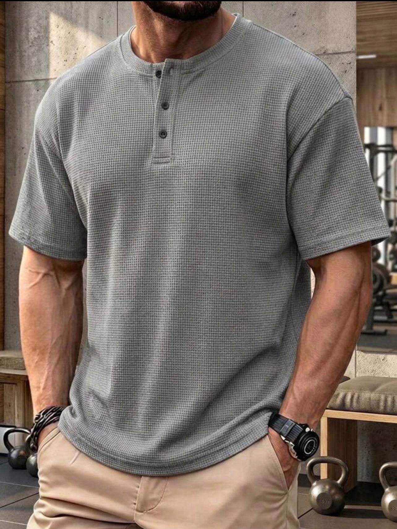Men’s Waffle Knit Henley Collar Button Casual Polo Shirt – Relaxed Fit Short Sleeve Top
