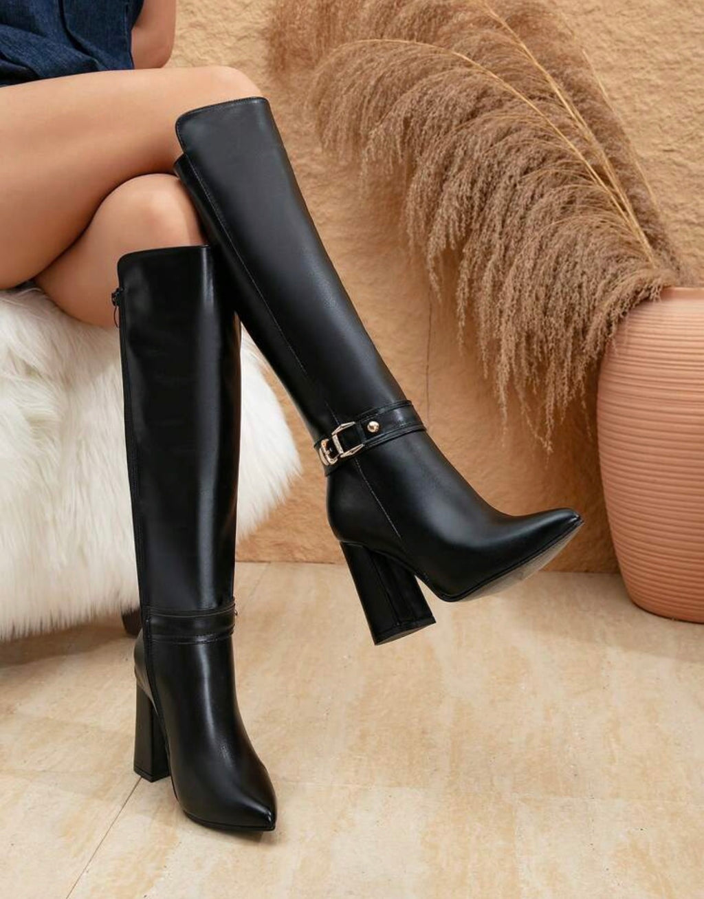 Women’s Brown Alligator Print Knee-High Boots with Pointed Toe & Block Heel