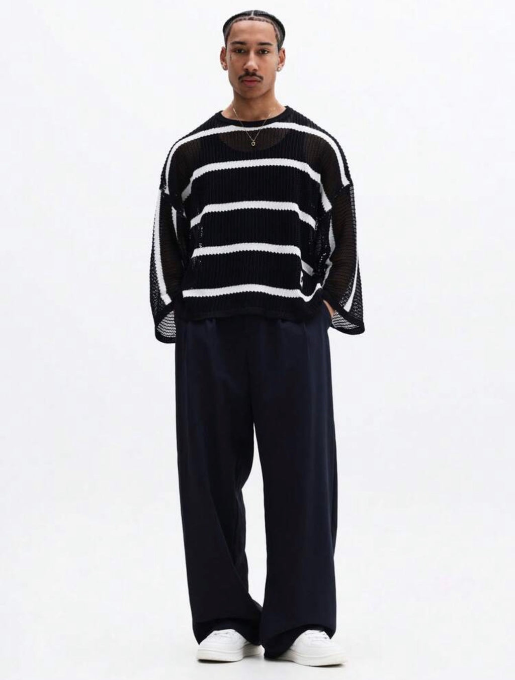 Men’s Horizontal Striped Mesh Knit Sweater – Long Sleeve Crew Neck Pullover