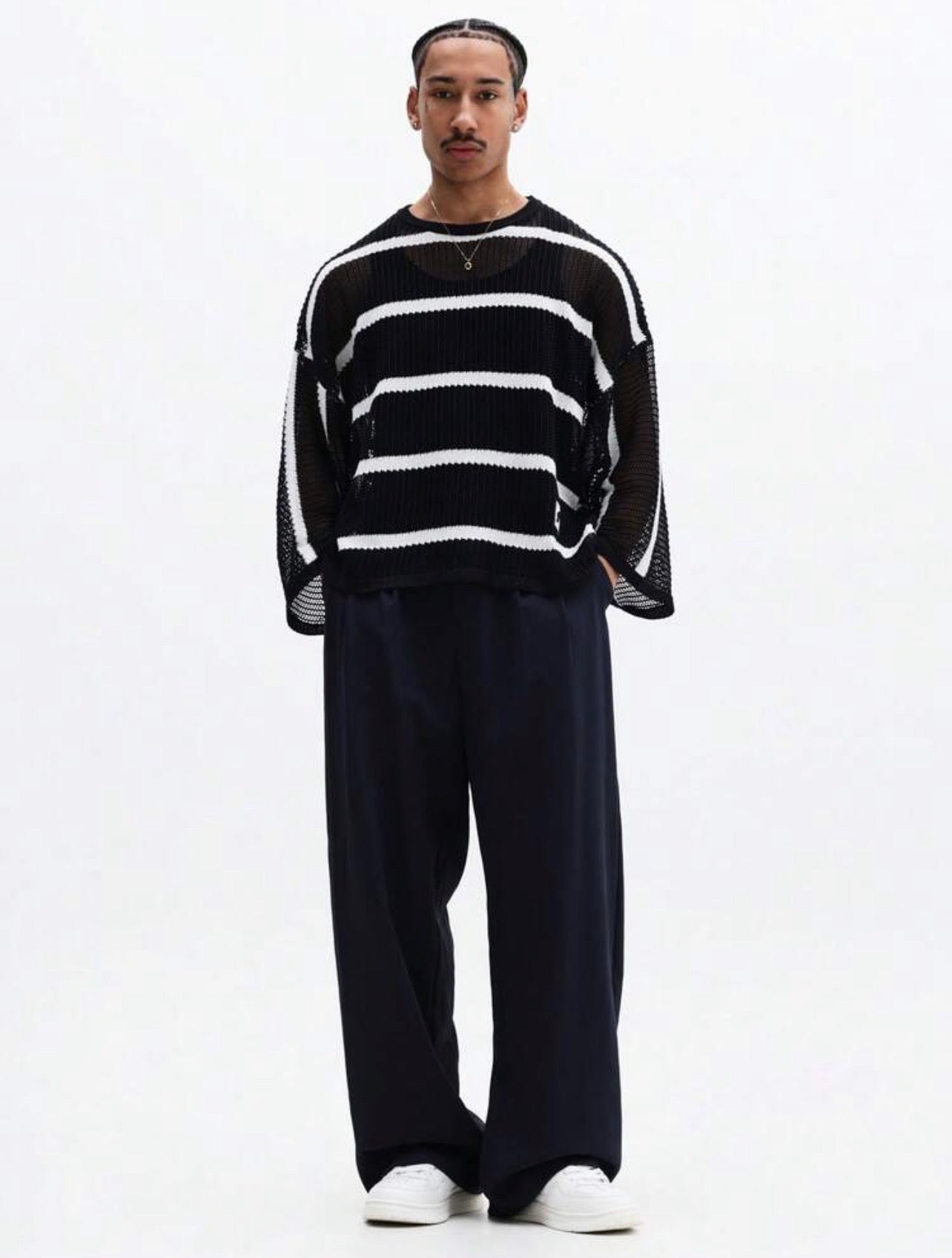 Men’s Horizontal Striped Mesh Knit Sweater – Long Sleeve Crew Neck Pullover