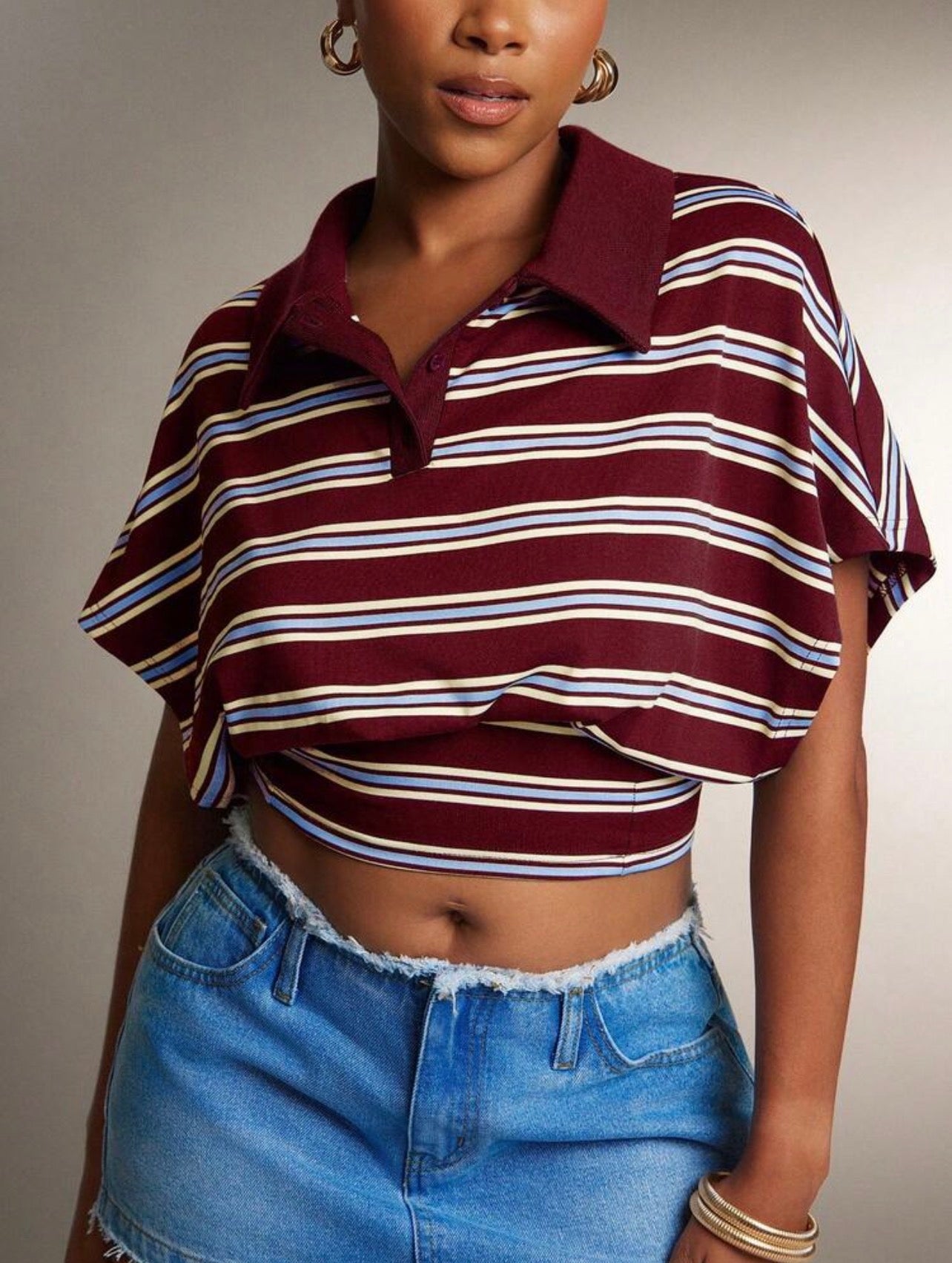 Women’s Cinched Waist Striped Polo Collar Top – Fashion Casual Shirt