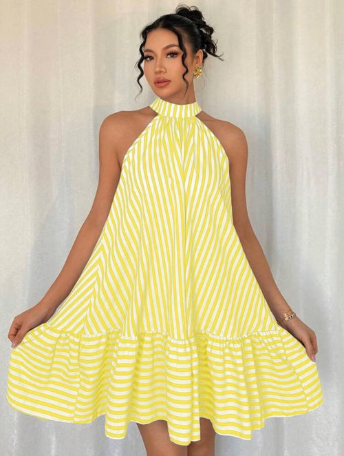 Elegant Halter Neck Sleeveless Cold Shoulder Striped Ruffle Hem Dress