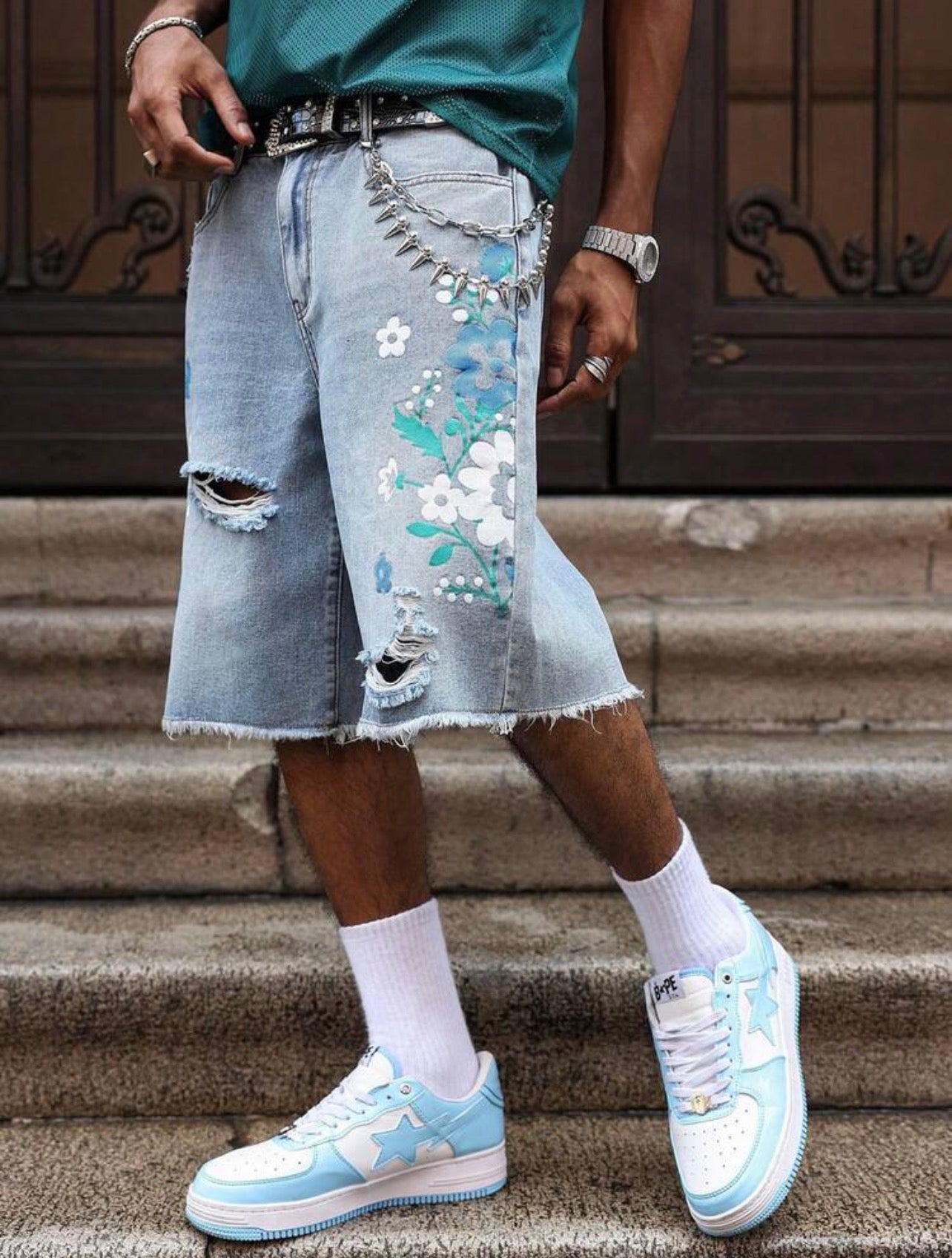 Men’s Distressed Waist Belt Wide Leg Denim Shorts – Casual Streetwear Bottoms
