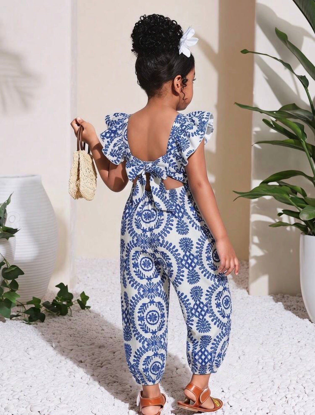 Girls Ditsy Floral Ruffled Collar Casual Jumpsuit