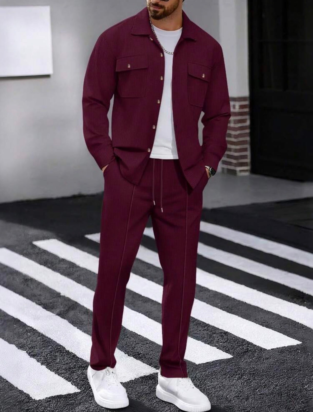 Men’s Solid Color Collared Shirt with Pockets & Pants Two-Piece Casual Set – Leisure Outfit