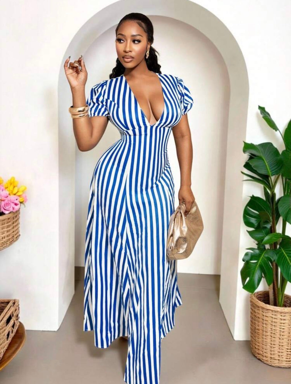 Women’s V-Neck Striped A-Line Maxi Dress – Elegant Casual Occasion Wear