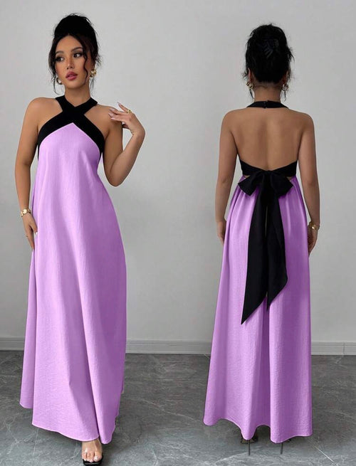 Elegant Color Block Halter Backless Bowknot Strap Sleeveless Maxi Dress – Casual Resort We