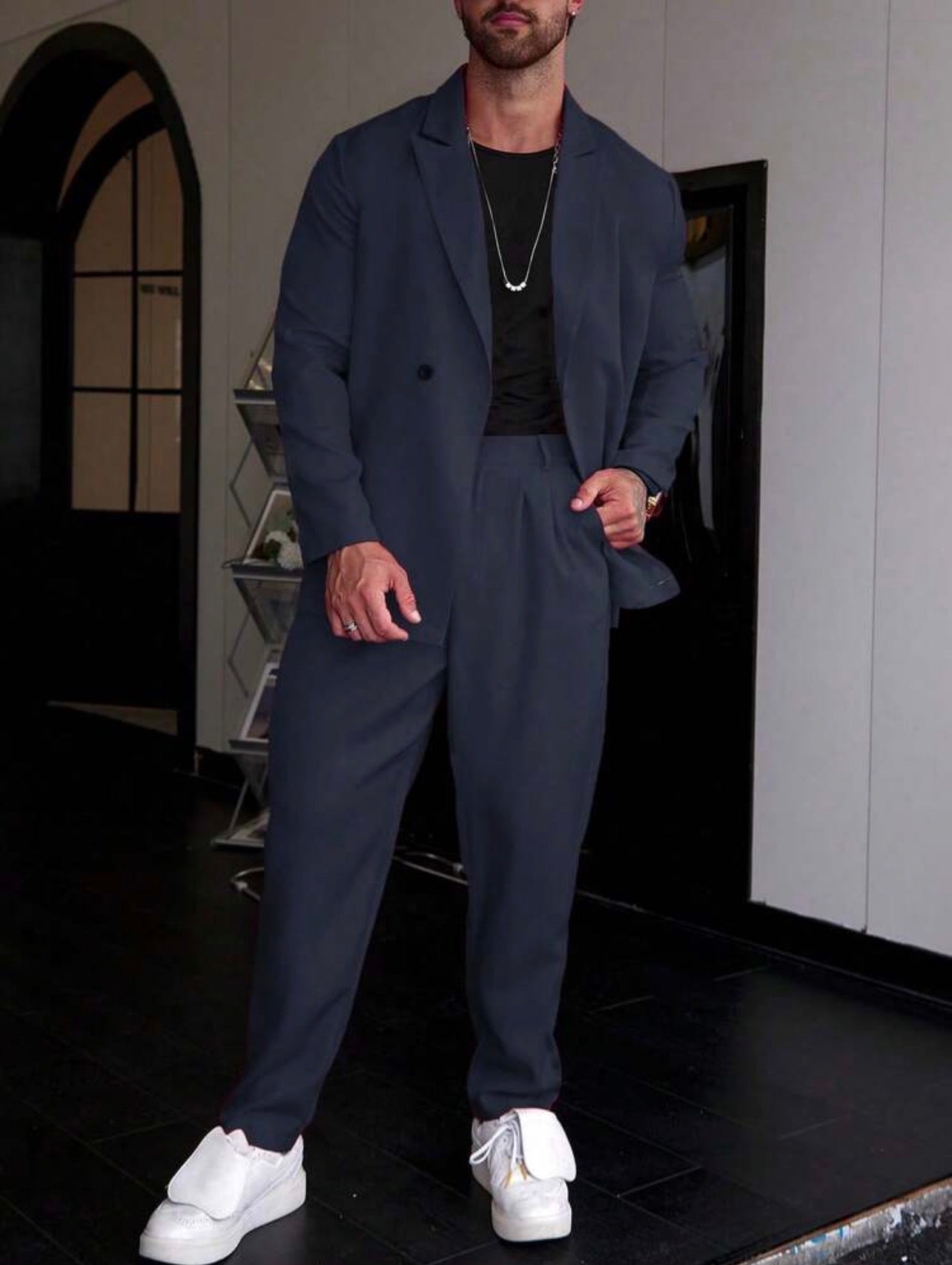 Men’s Single-Breasted Blazer & Pocket Detail Suit Pants Two-Piece Formal Set