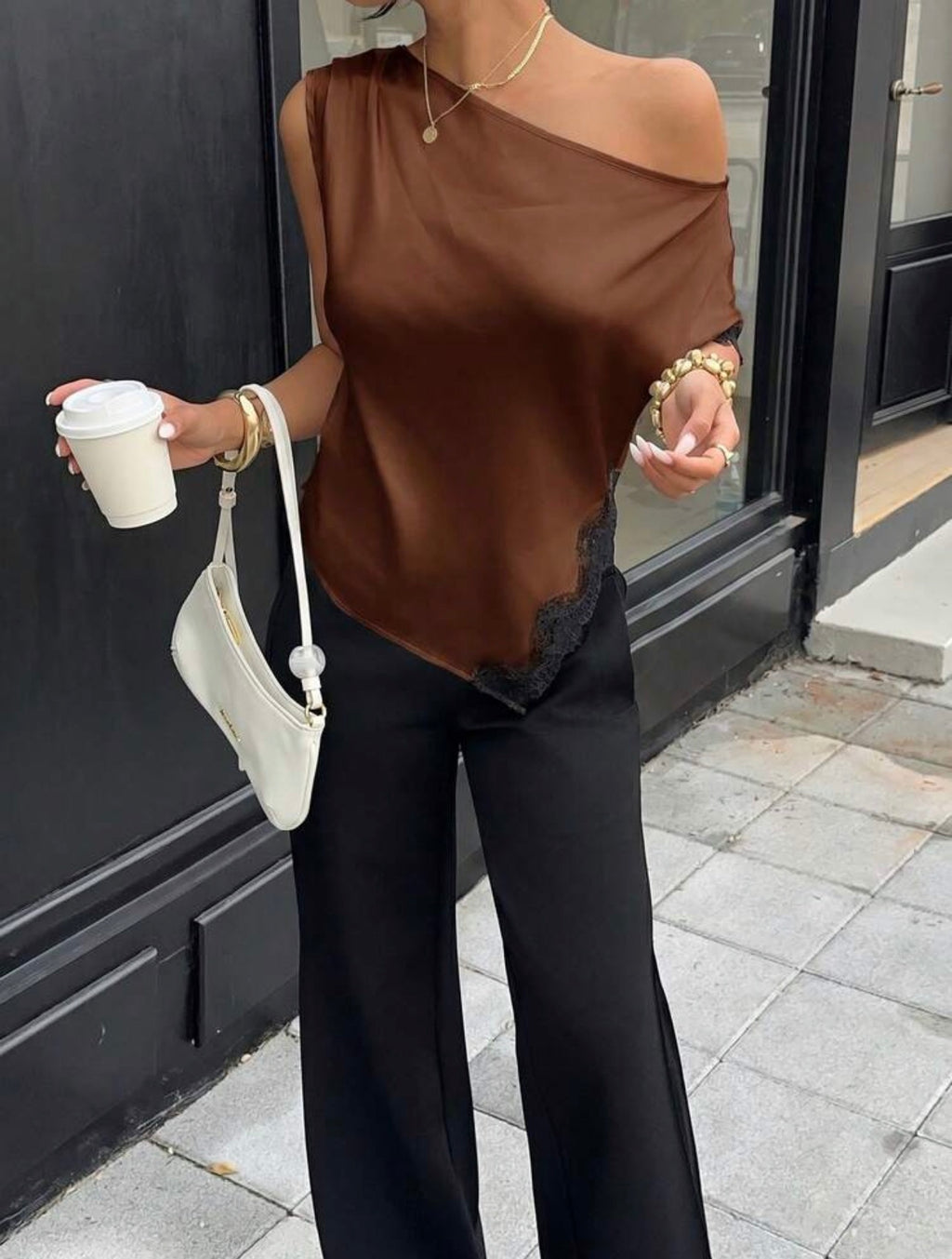 Elegant Satin Lace-Trim One-Shoulder Sleeveless Blouse for Women