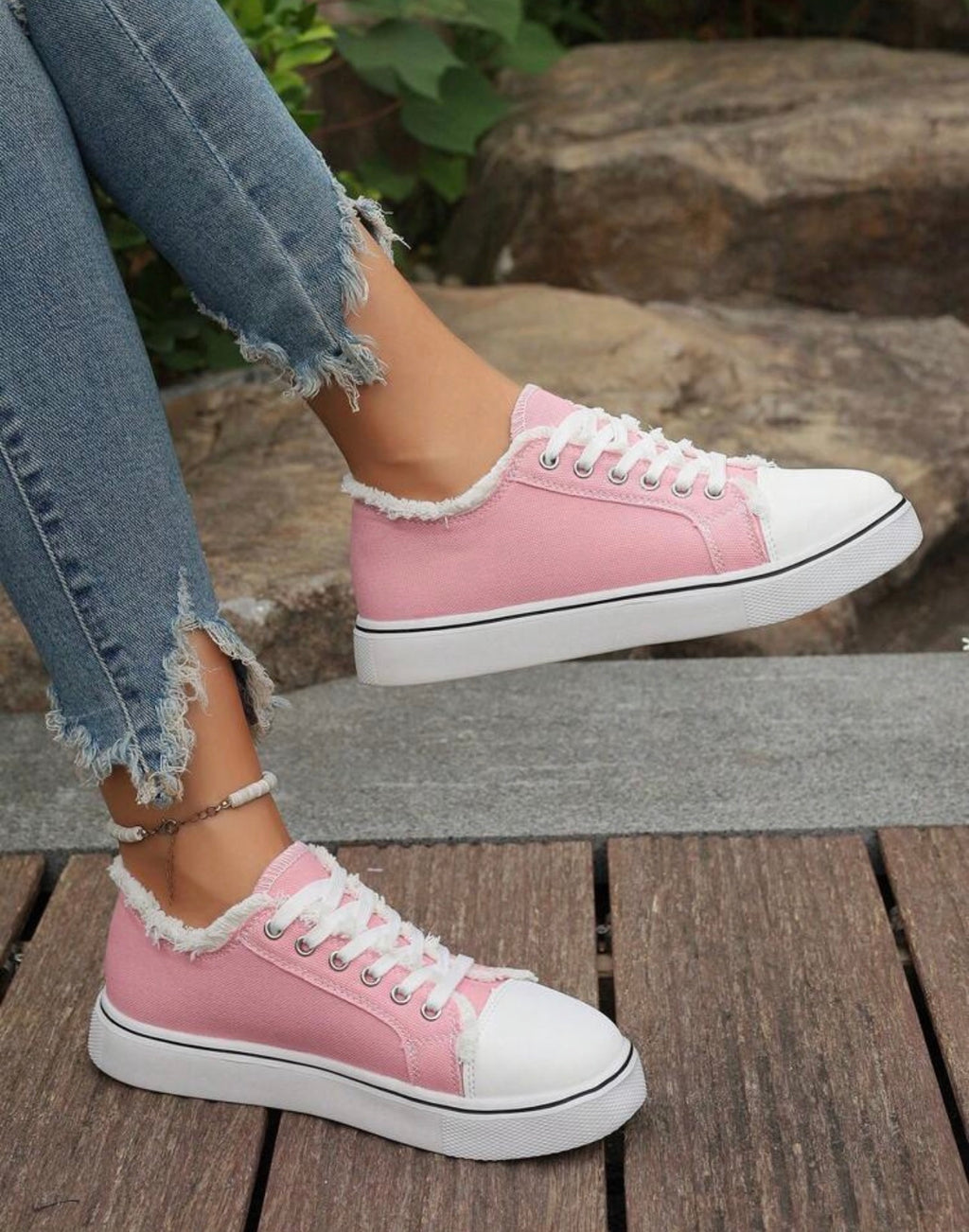 Women’s Round Toe Lace-Up Canvas Sneakers with Frayed Detail for Everyday Casual Wear