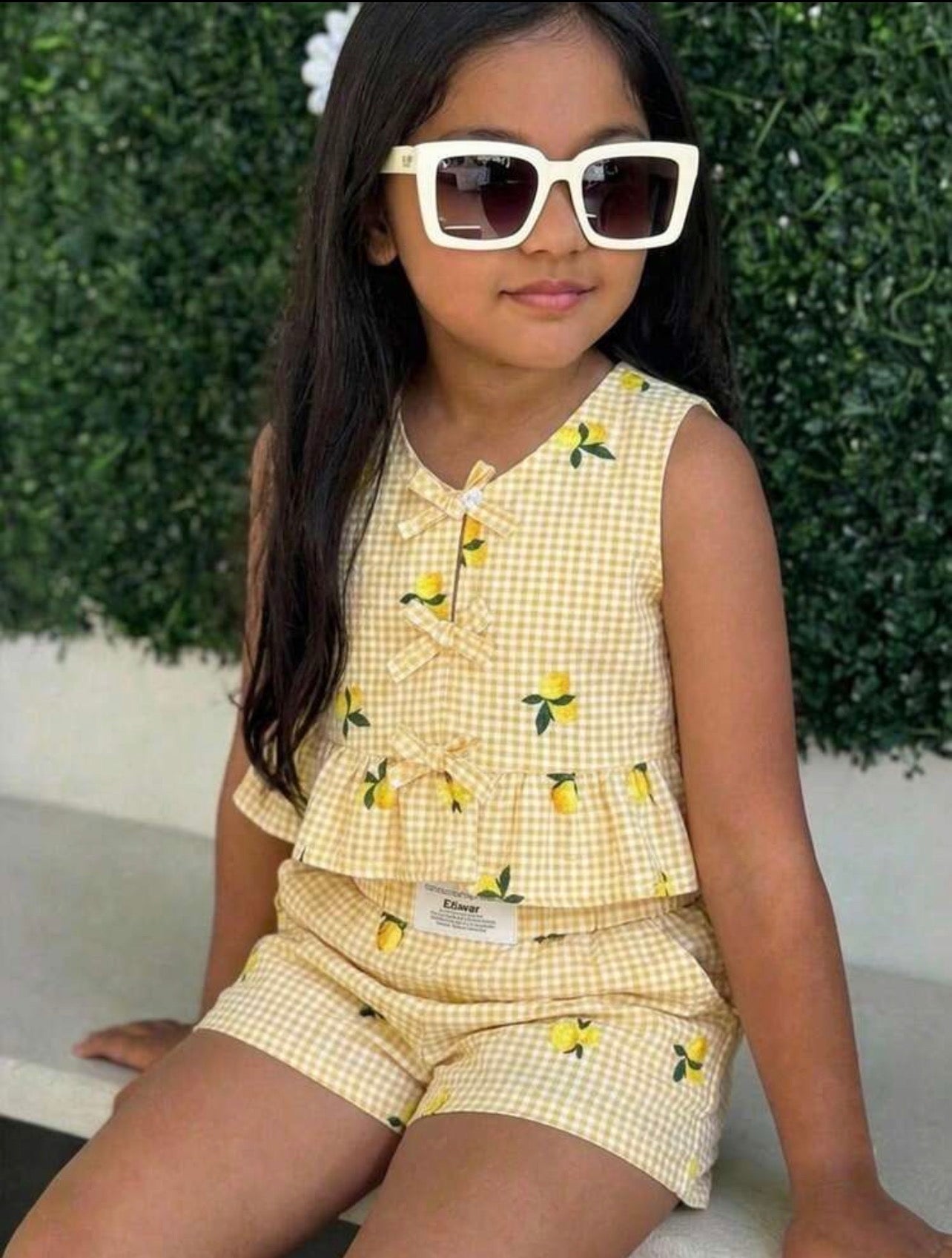 Girls Lemon Plaid Front Tie Cami Top & Shorts Summer Outfit Set