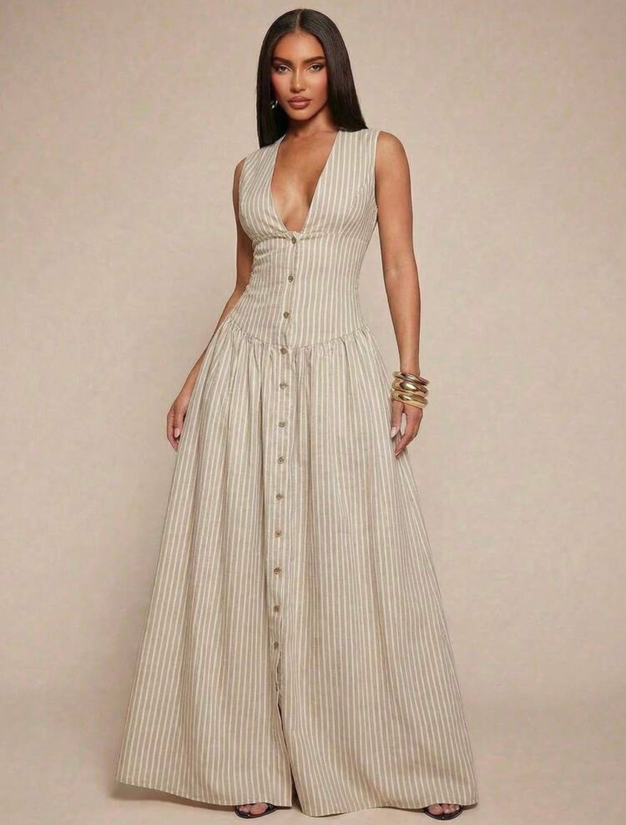 Elegant Minimalist V-Neck Sleeveless Waist-Cinched Button Front Flowy Dress for Women