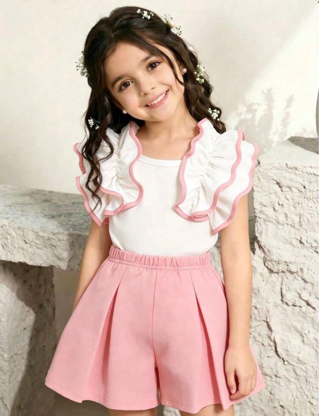 Toddler Girls Colorblock Sleeveless Ruffle Top & Shorts Summer Outfit Set