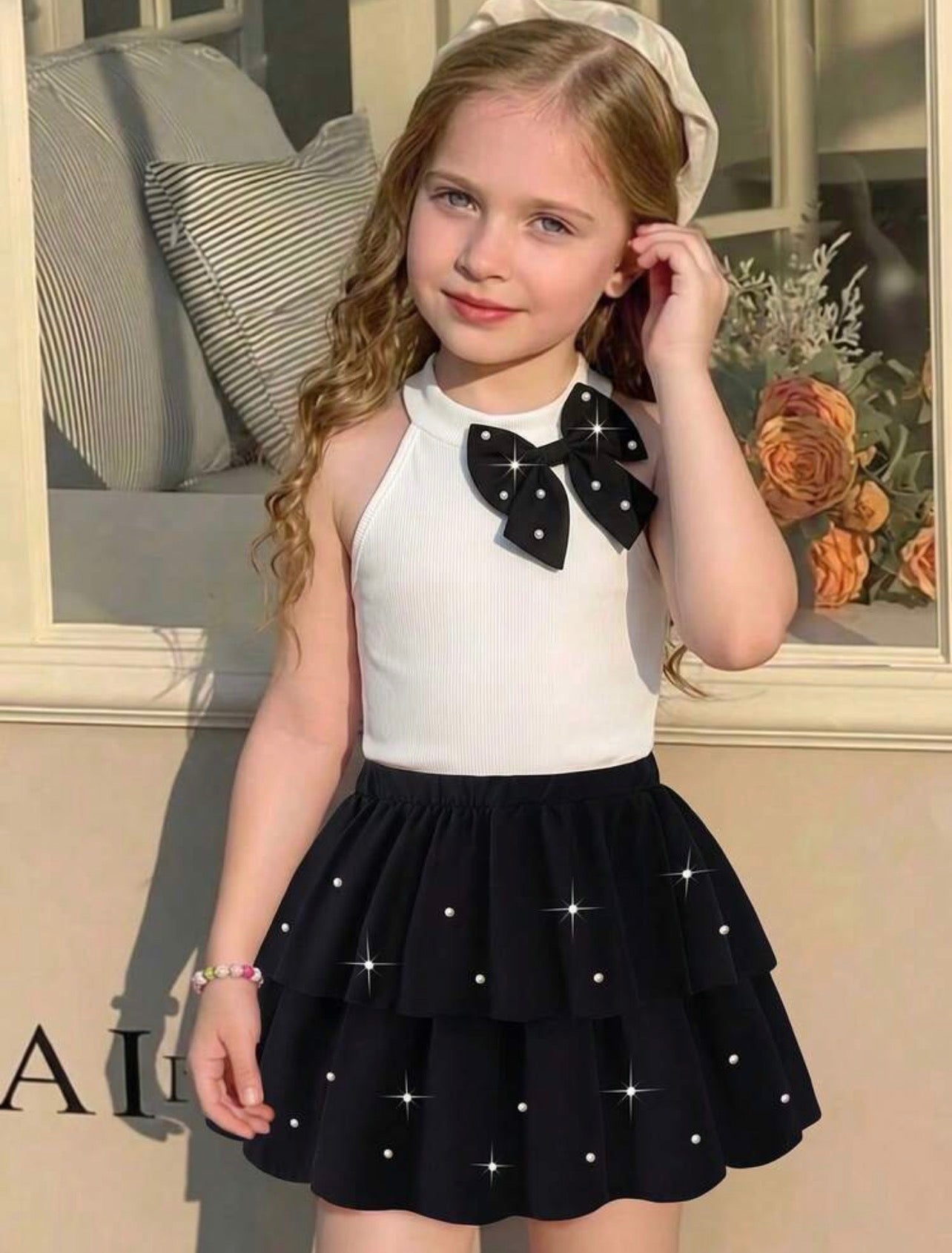 Girls Pearl Bow Halter Ribbed Top & Layered Skirt Elegant 2-Piece Summer Set