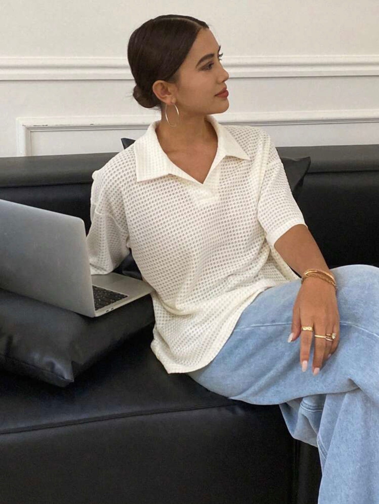 Women’s Textured Polo Neck Loose Fit T-Shirt – Casual Solid Color Top