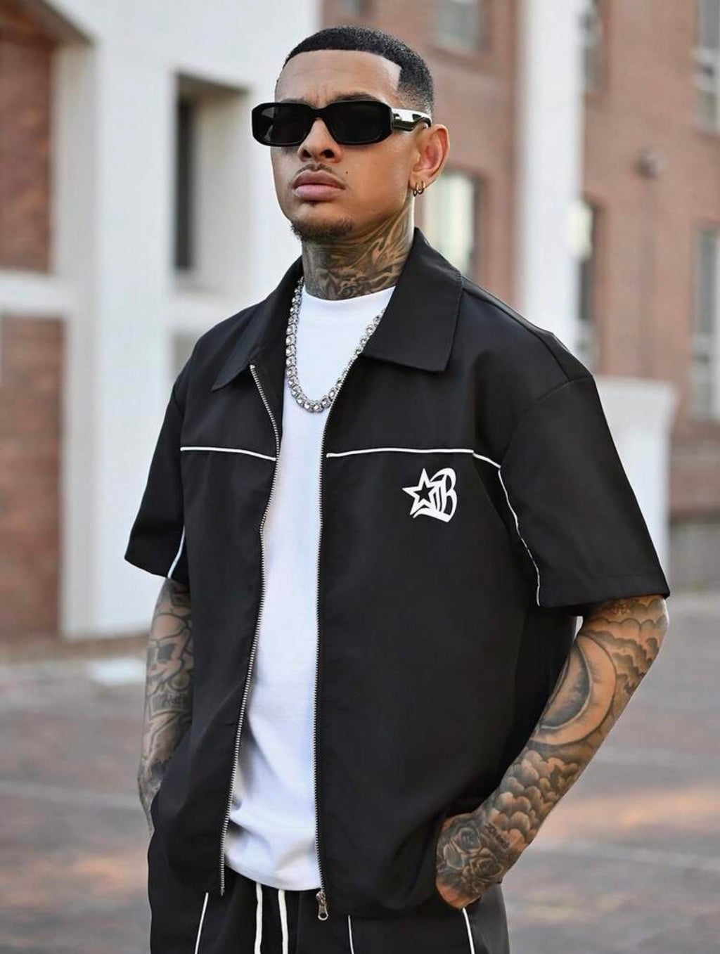Men’s Star Print Zipper Shirt & Shorts Three-Piece Streetwear Set