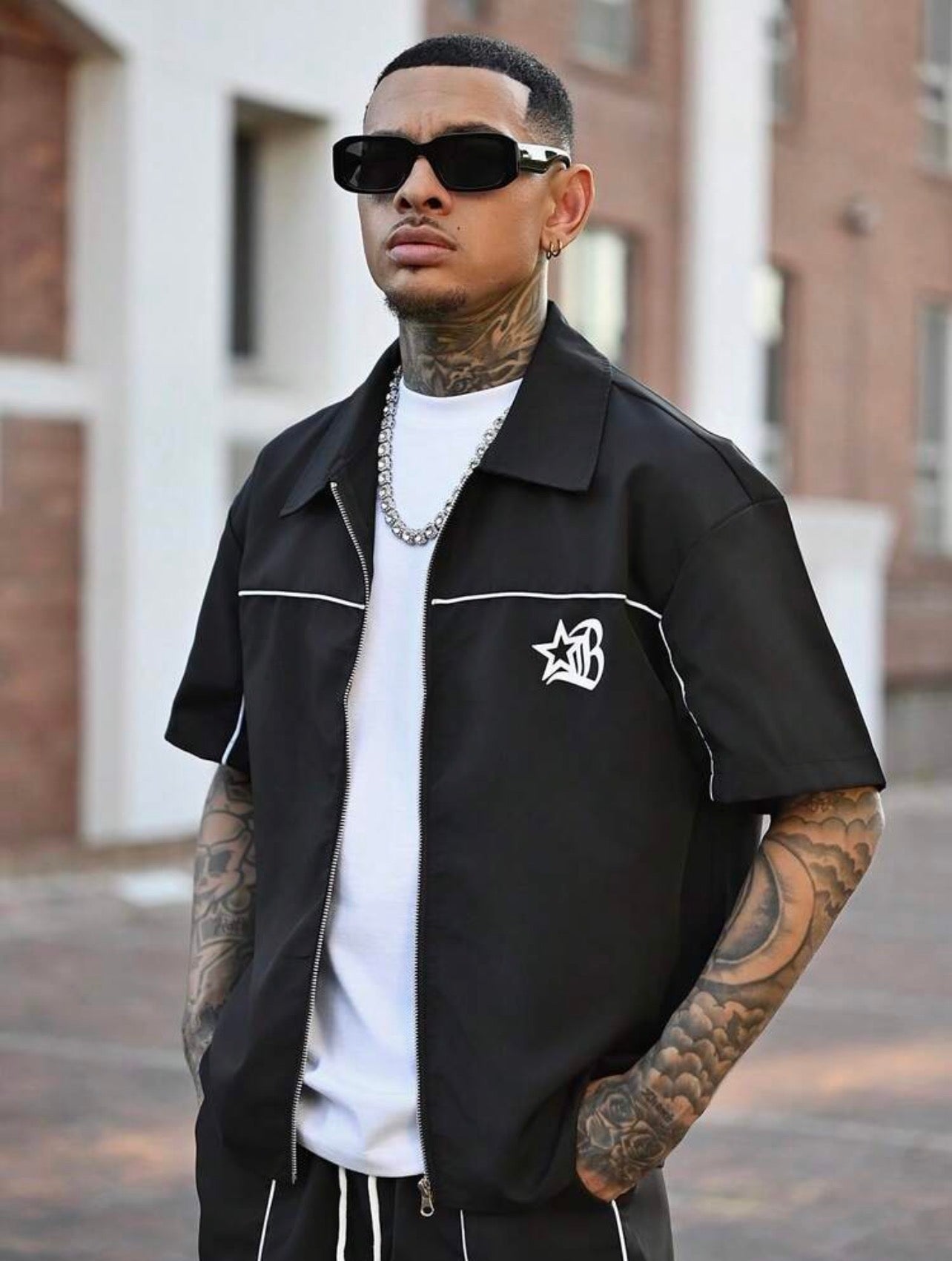 Men’s Star Print Zipper Shirt & Shorts Three-Piece Streetwear Set