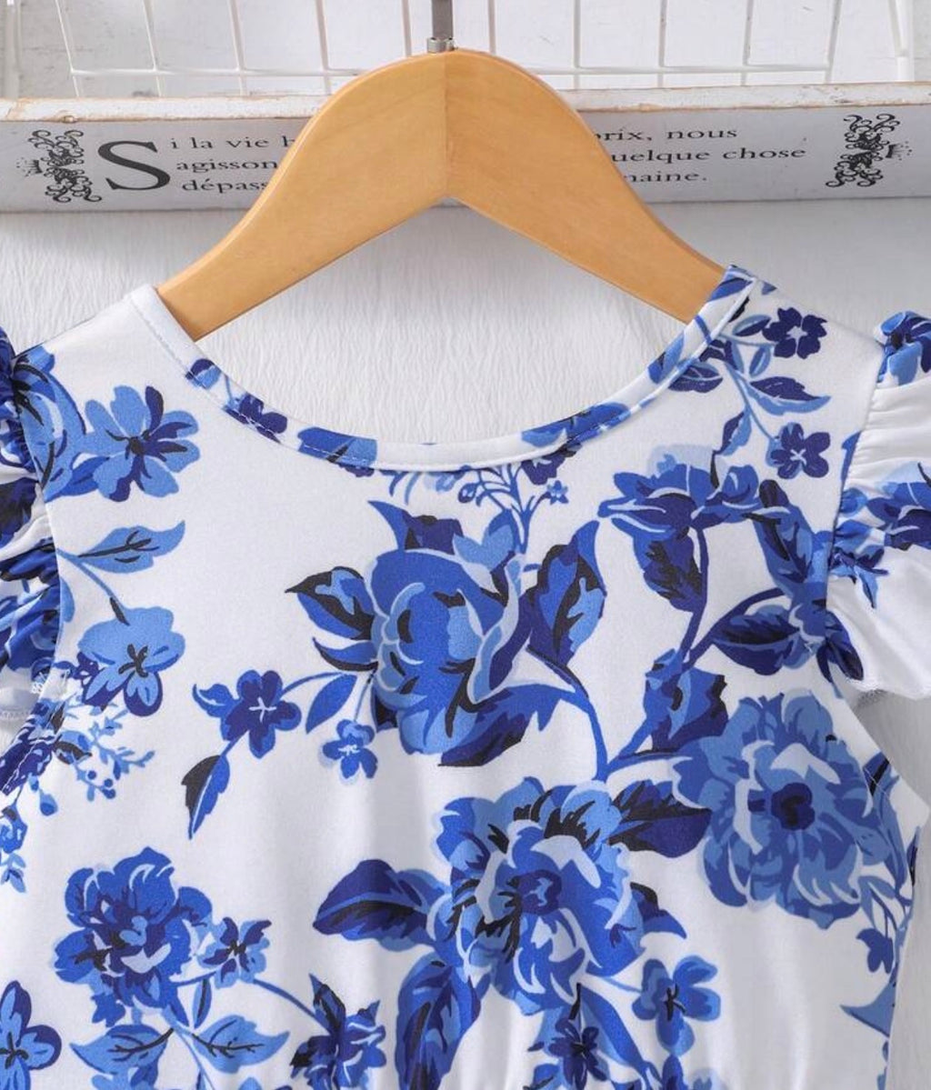 Toddler Girls Floral Waist Tie Back Bow A-Line Midi Dress for Summer Vacation.