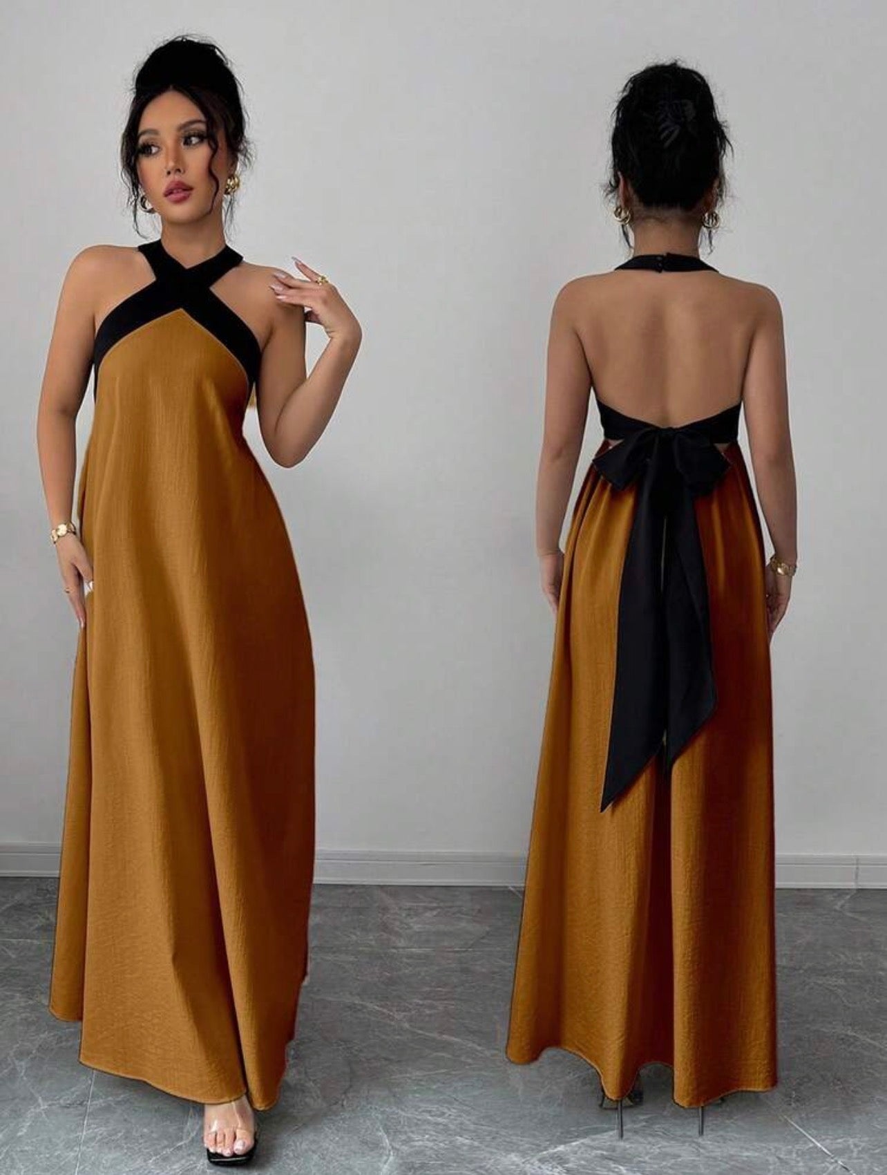 Elegant Color Block Halter Backless Bowknot Strap Sleeveless Maxi Dress – Casual Resort We