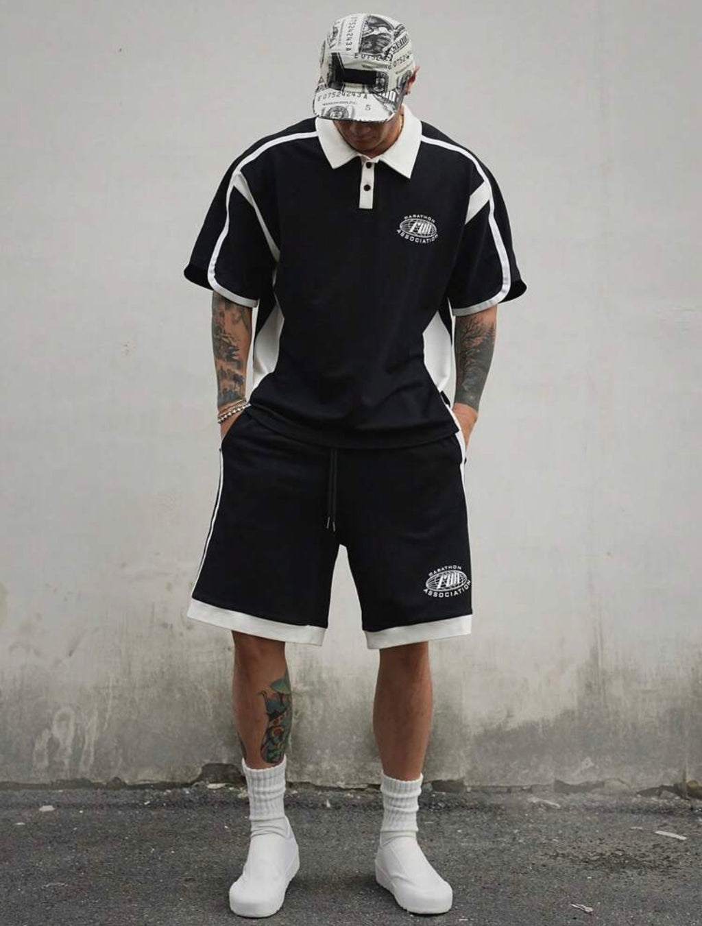 Men’s Letter Print Color Block Polo Shirt & Shorts Two-Piece Summer Set