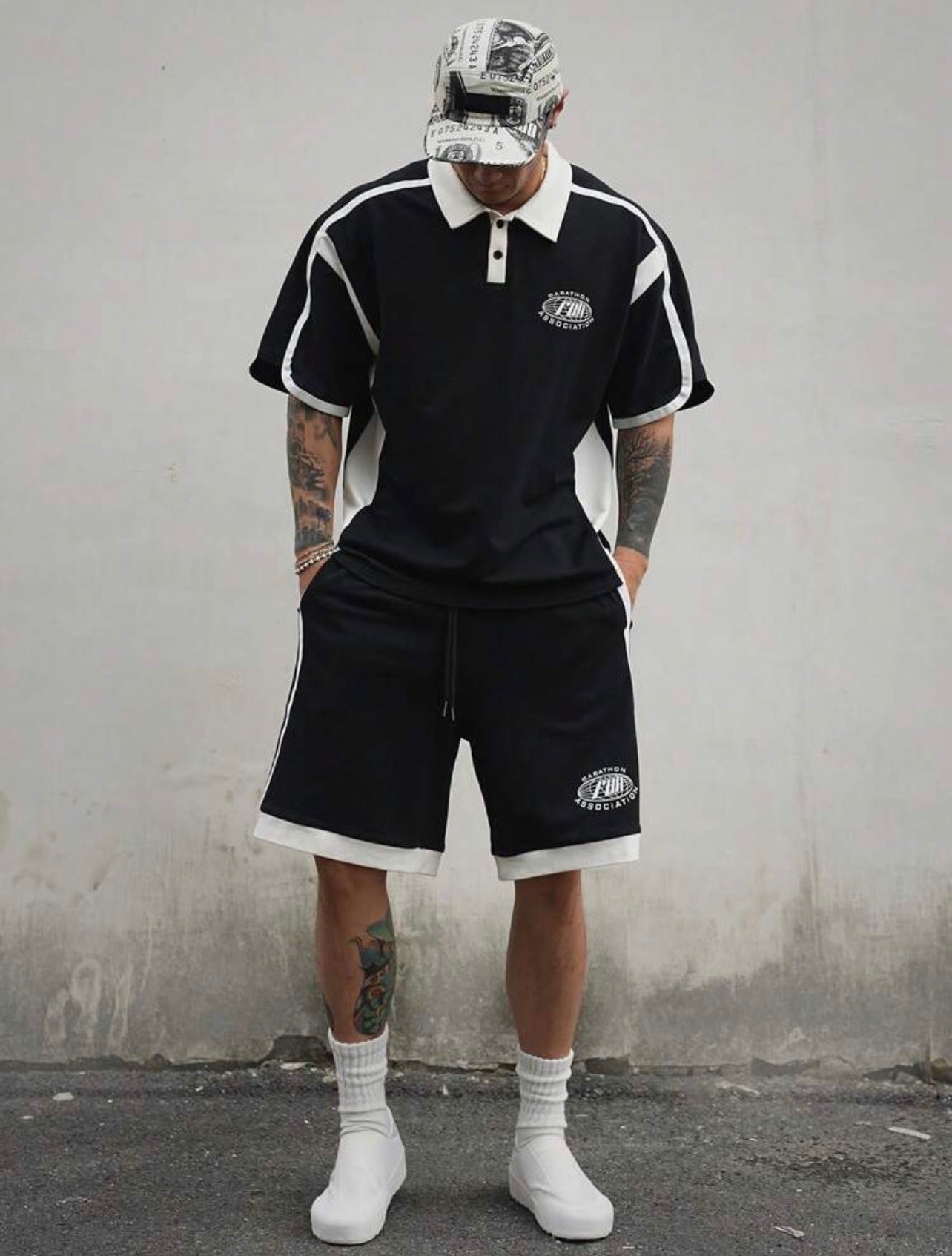 Men’s Letter Print Color Block Polo Shirt & Shorts Two-Piece Summer Set