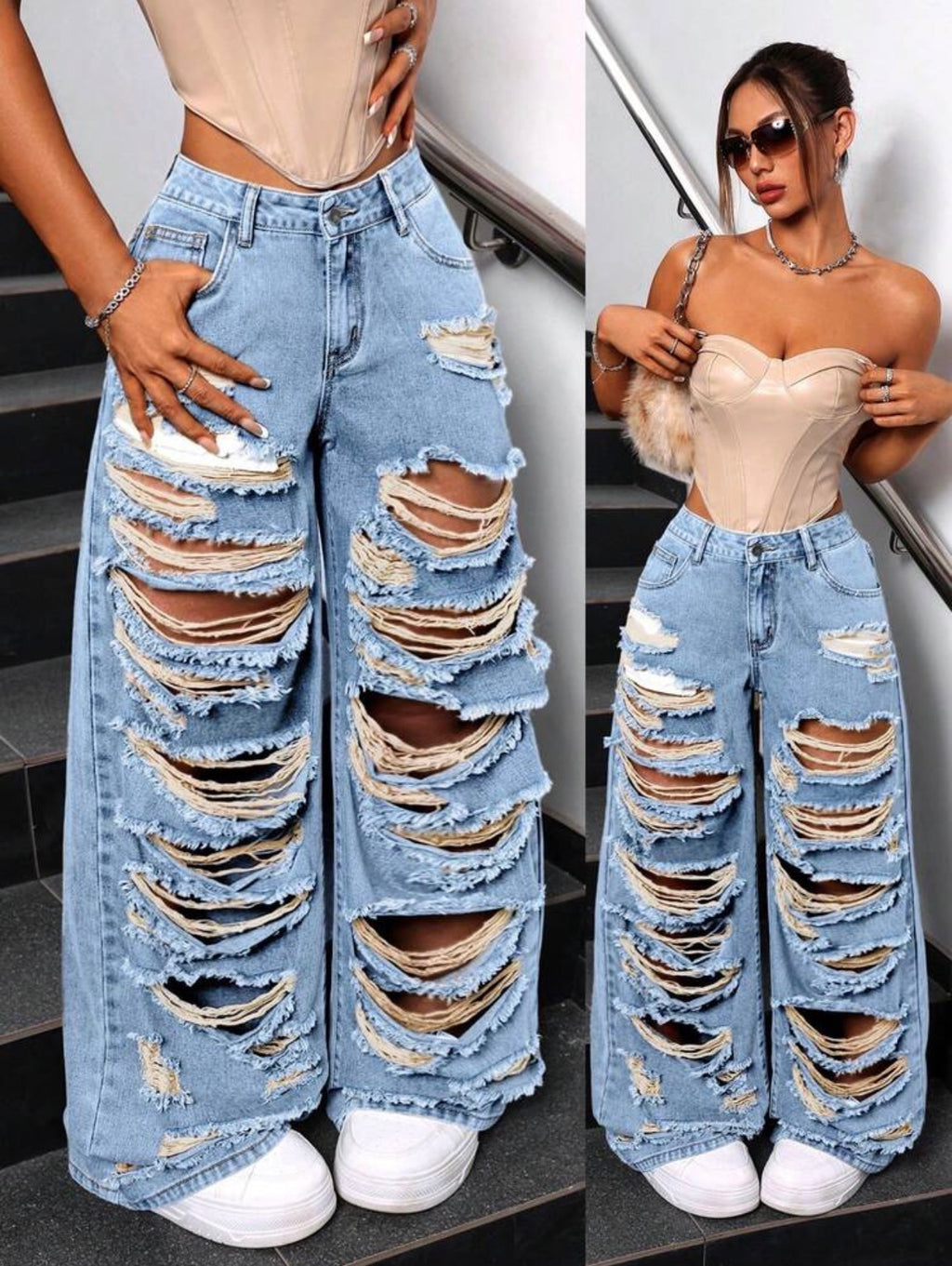 Women’s Distressed Loose Fit Wide Leg Denim Pants – Casual Streetwear Jeans
