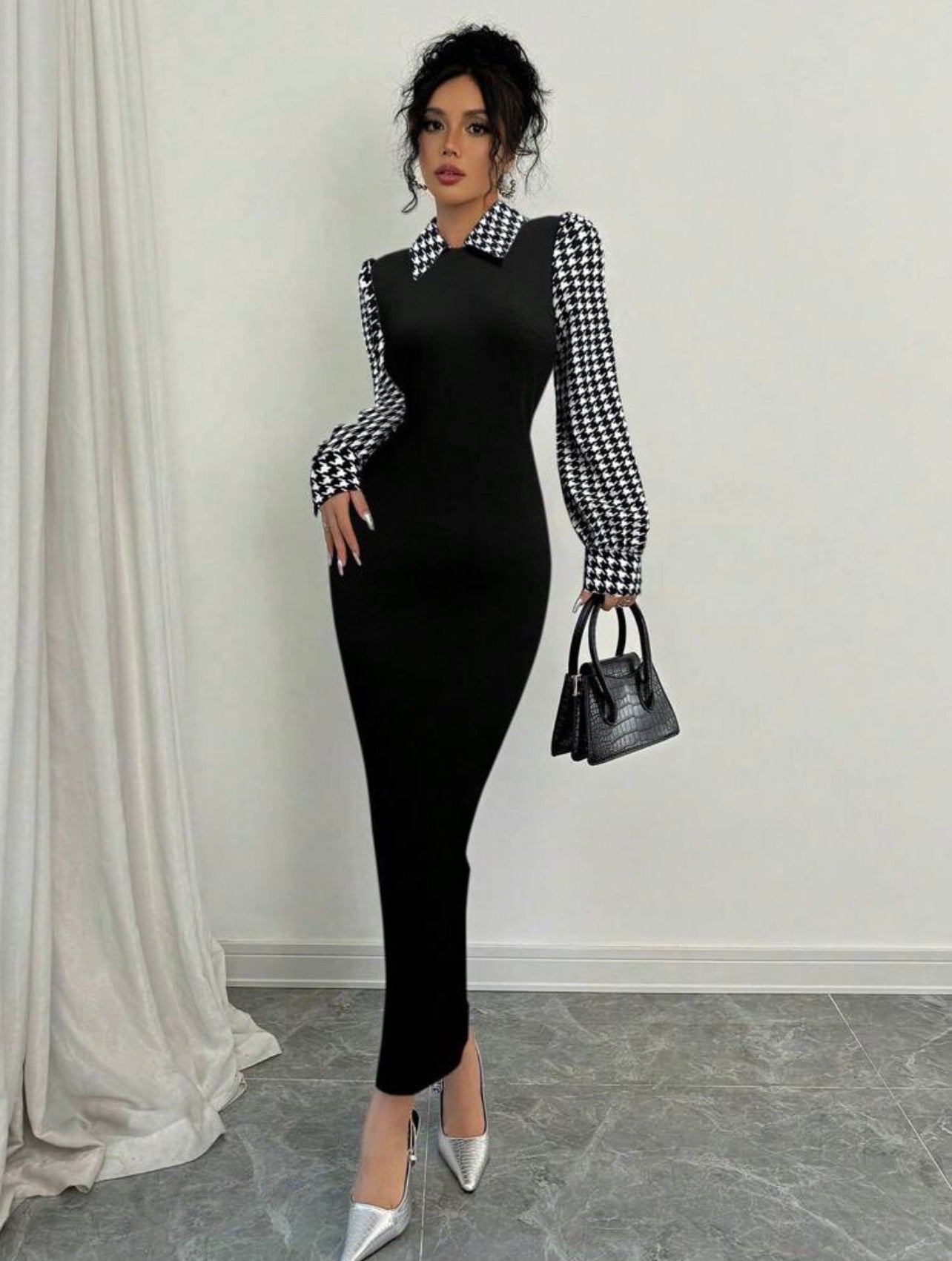Women’s Houndstooth Patchwork Puff Sleeve Collar Slim Fit Maxi Dress – Elegant Autumn/Winter Style