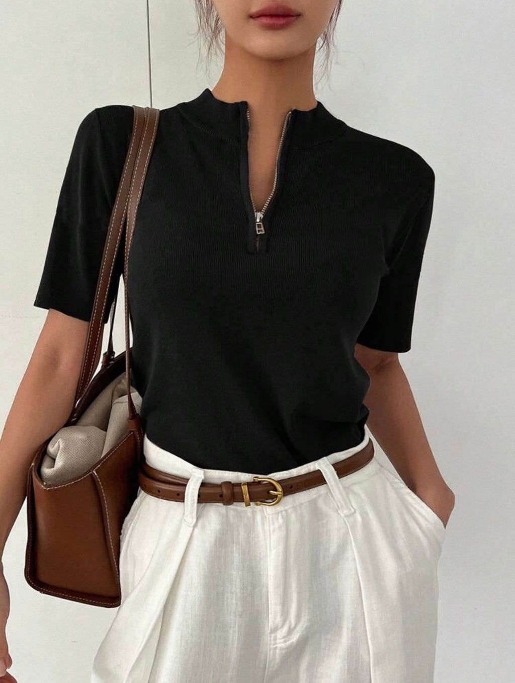 Women’s Business Casual Stand Collar Short Sleeve Knit Pullover Top