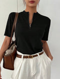 Women’s Business Casual Stand Collar Short Sleeve Knit Pullover Top