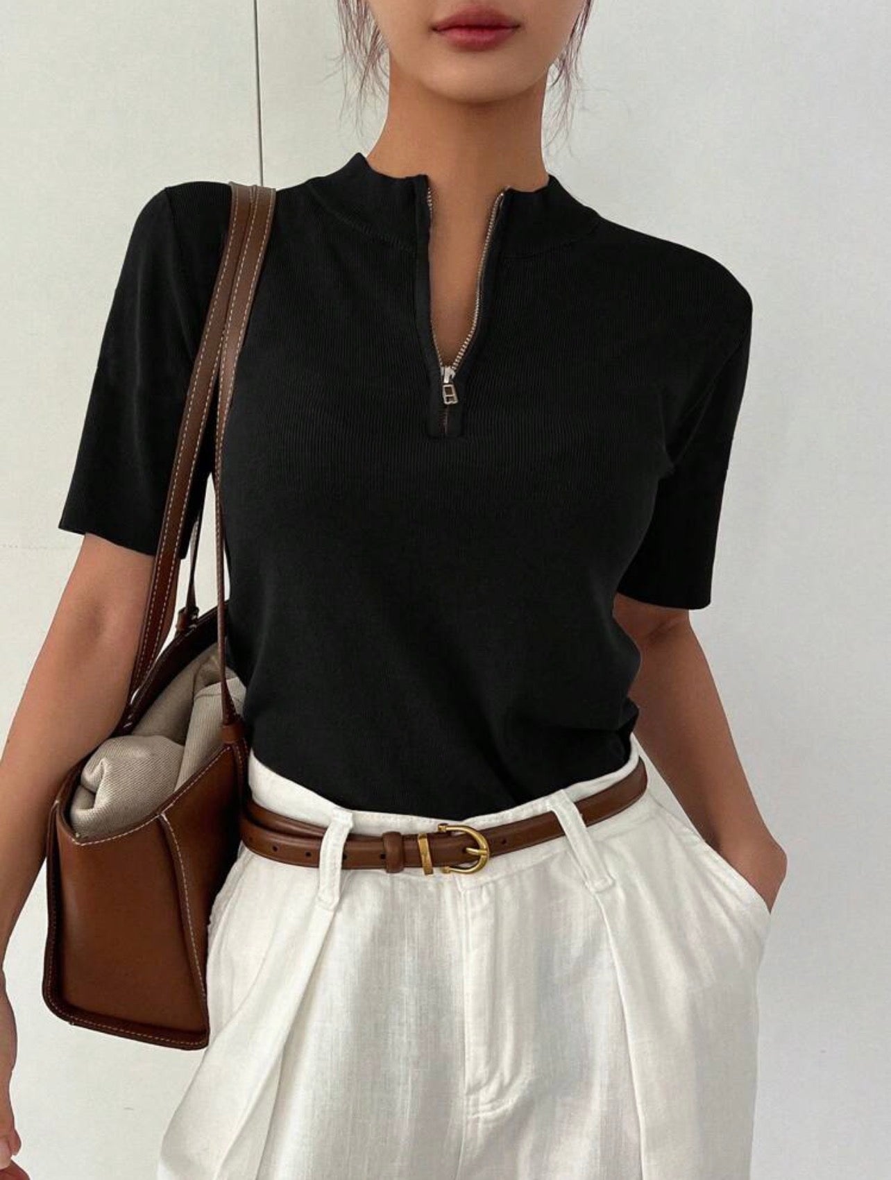 Women’s Business Casual Stand Collar Short Sleeve Knit Pullover Top
