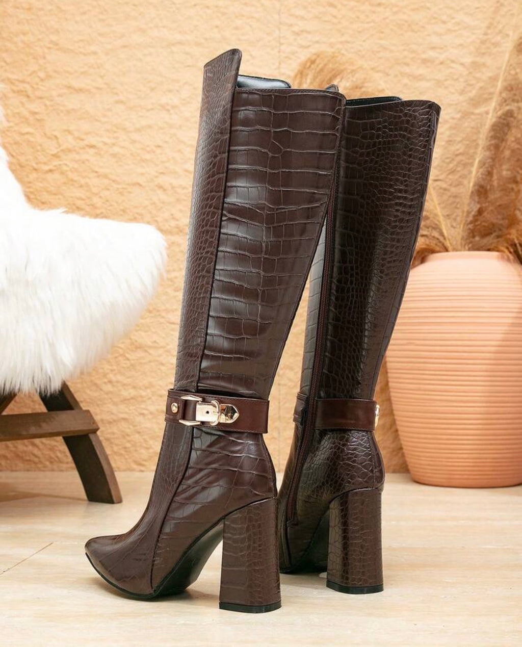 Women’s Brown Alligator Print Knee-High Boots with Pointed Toe & Block Heel