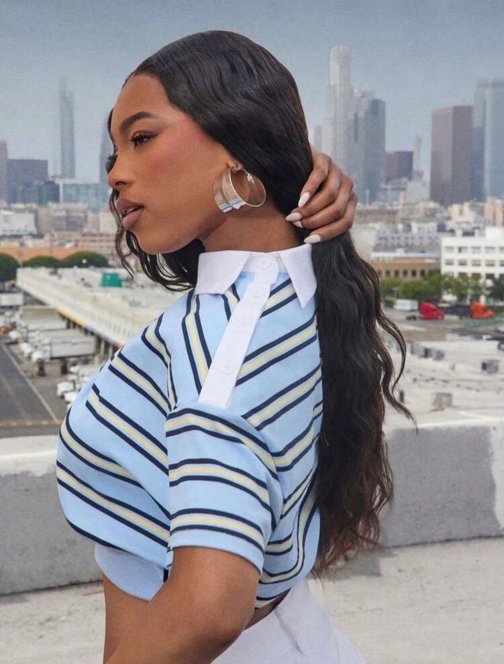 Women’s Asymmetrical Collar Striped Cropped Polo Top – Streetwear Fashion Shirt