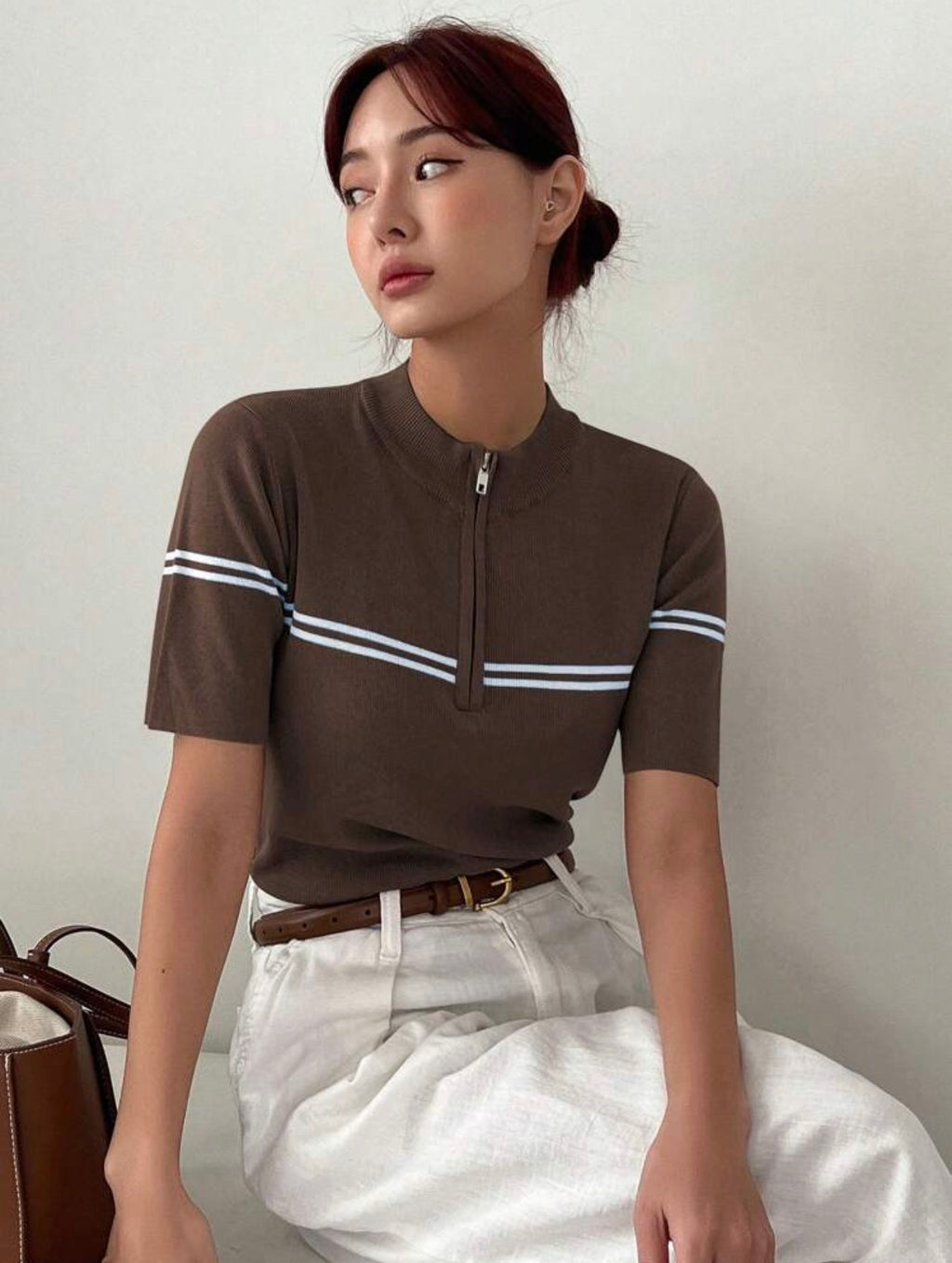 Women’s Business Casual Stand Collar Short Sleeve Knit Pullover Top