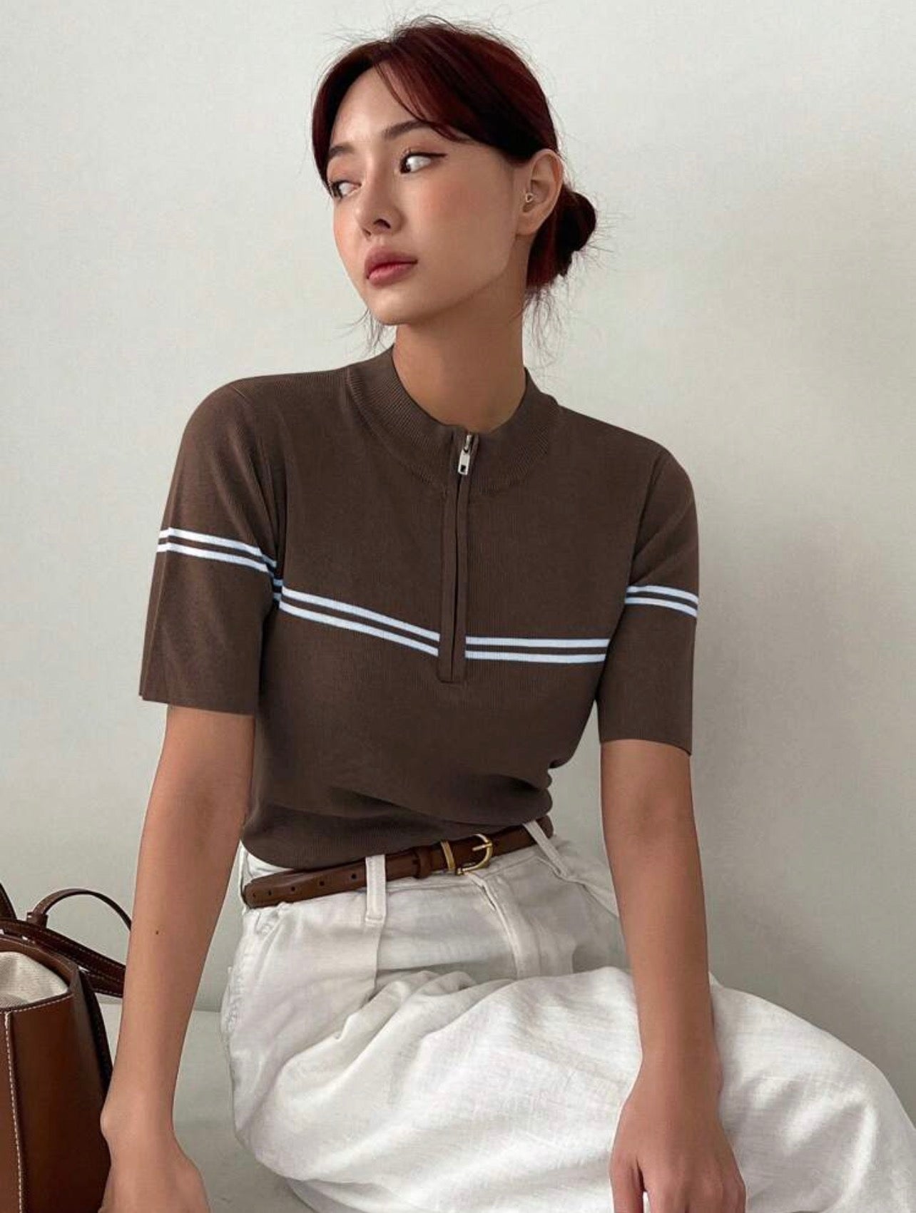Women’s Business Casual Stand Collar Short Sleeve Knit Pullover Top