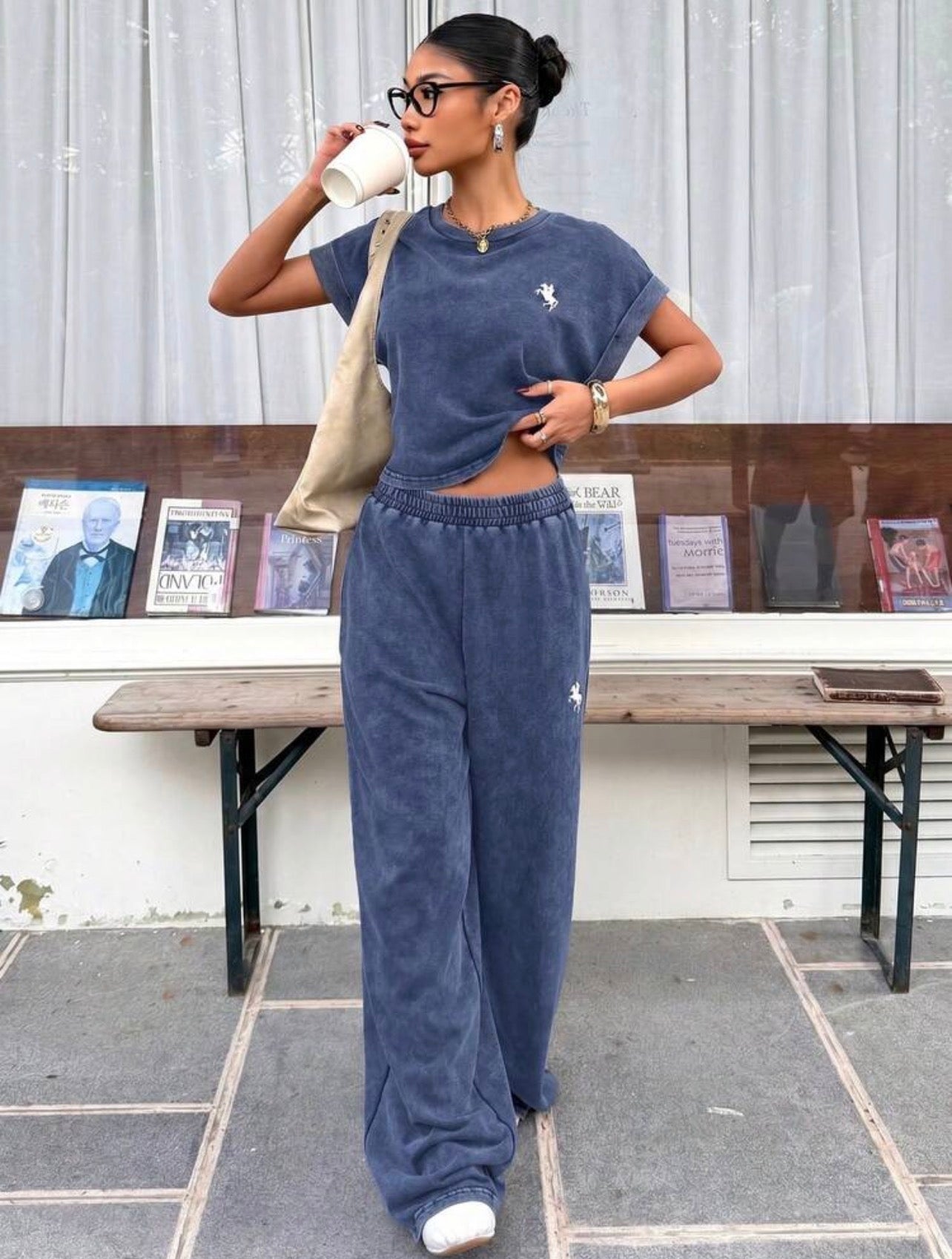 Women’s Vintage Washed Embroidered Loose T-Shirt & Wide Leg Pants Two-Piece Set