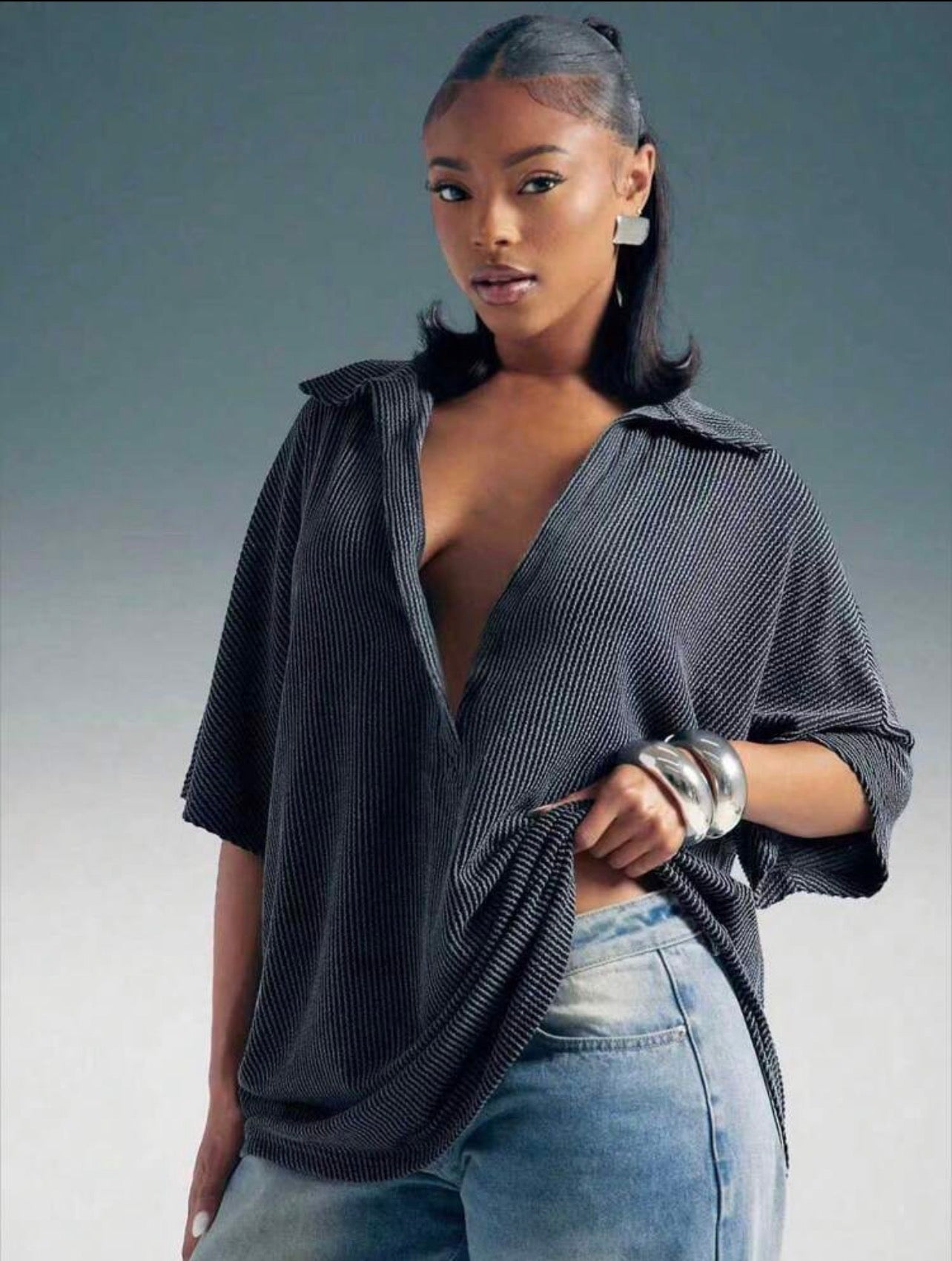 Women’s Plunge Neck Collared Oversized Short Sleeve Top – Casual Fashion Wear