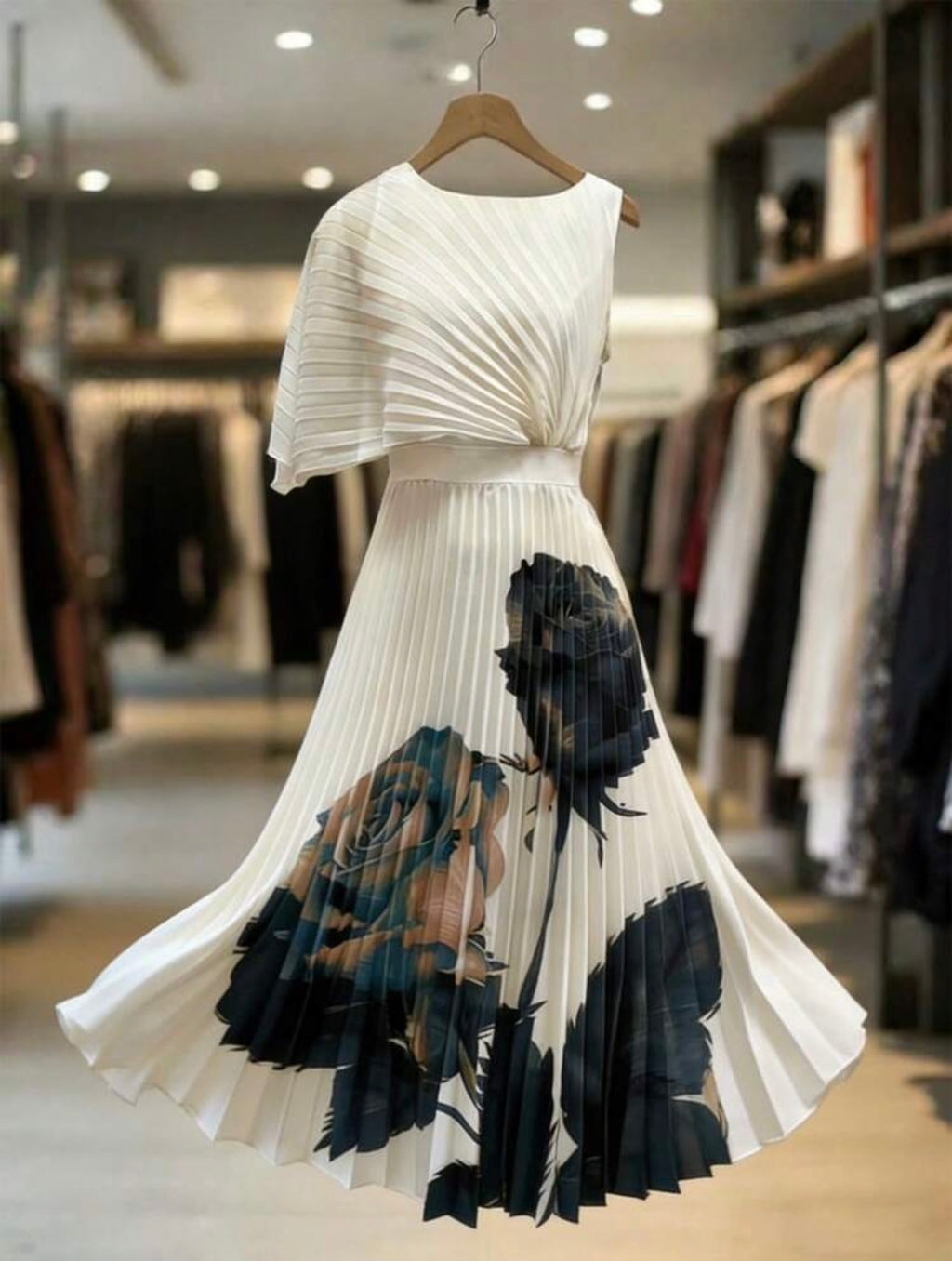 Women’s Elegant Round Neck Ruffle Waist Print A-Line Dress – Romantic Floral Style